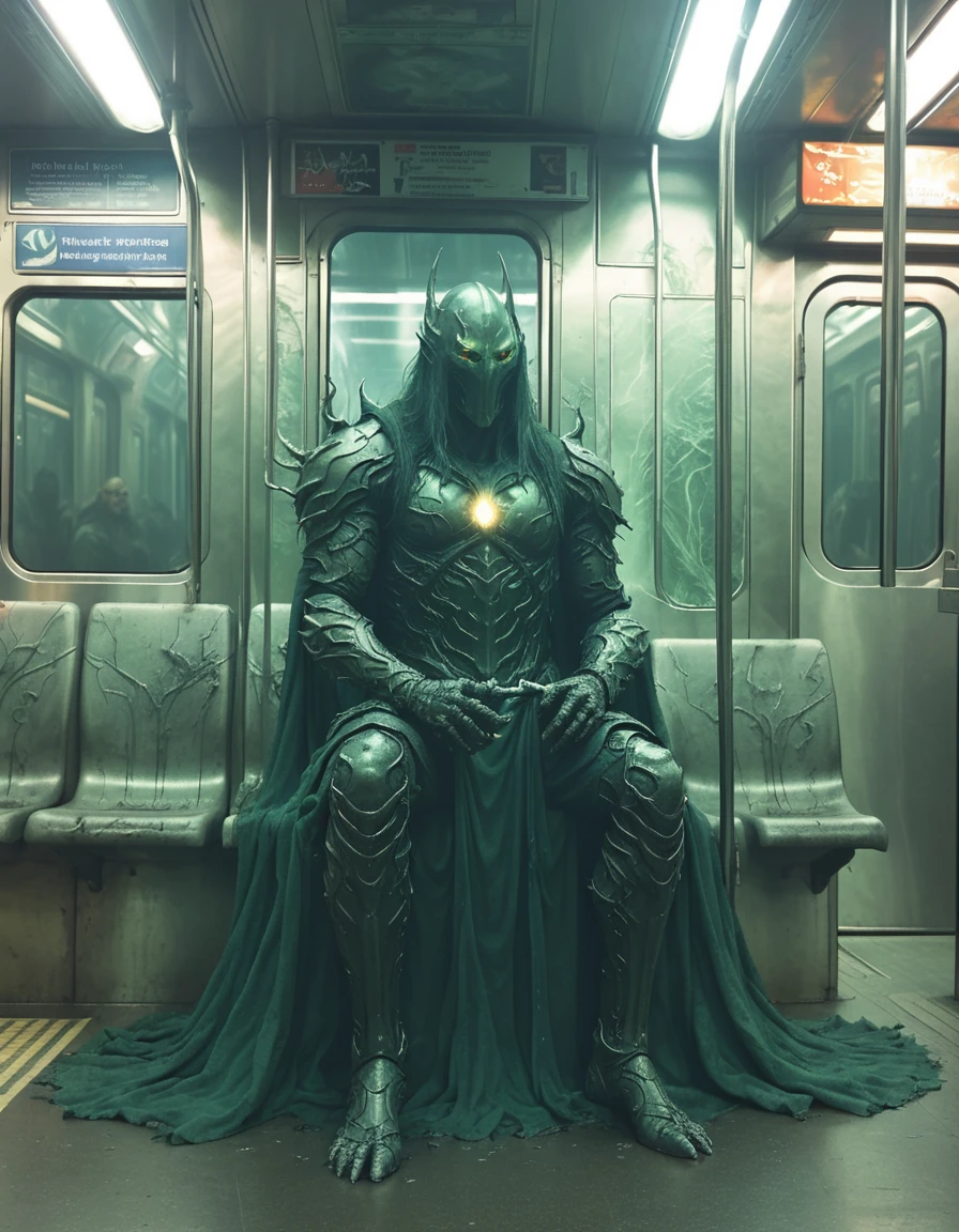 Nazgul, Sauron's Dark Knight, sitting in subway <lora:Nazgul:1>