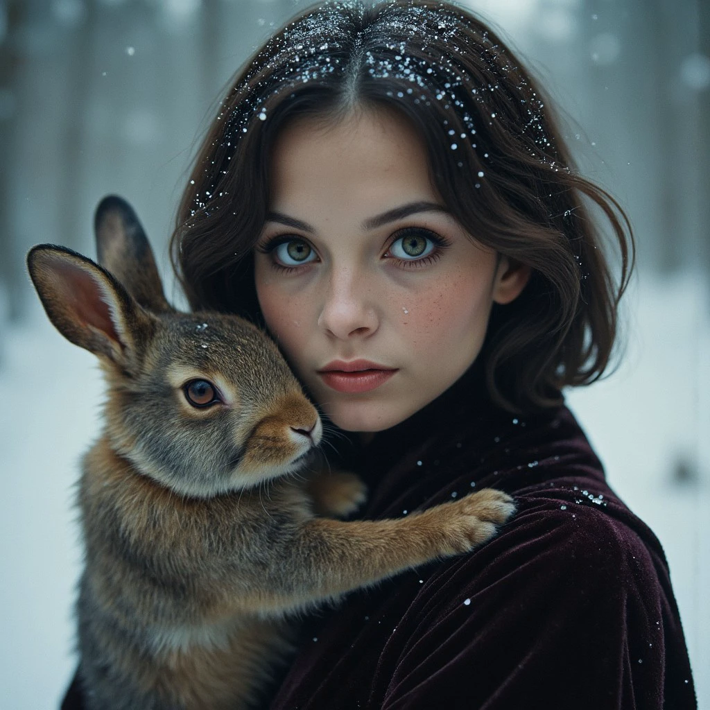 70szcech, moody Closeup of a beautiful freckled brunette woman with short curly hair and large eyeshadow and velvet high collar dress, Holding a giant fluffy rabbit, mystic snowy backdrop, floating snow particles, snow blizzard