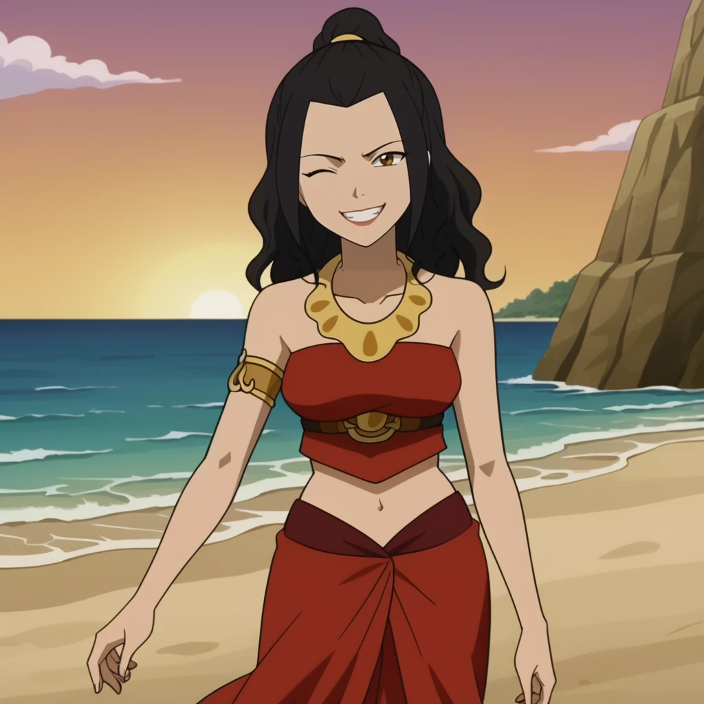 score_4_up, beach, anime screencap, anime coloring, source_anime, <lora:Azula_Wavy_Hair:0.8>, azul4, 1girl, solo, black hair, bare shoulders, necklace,  brown eyes, ponytail, wavy hair, armlet, crop top, sarong, midriff, sandals, toeless footwear,  long skirt,  sleeveless BREAK looking at viewer, portrait, smile, teeth, one eye closed, head tilt,