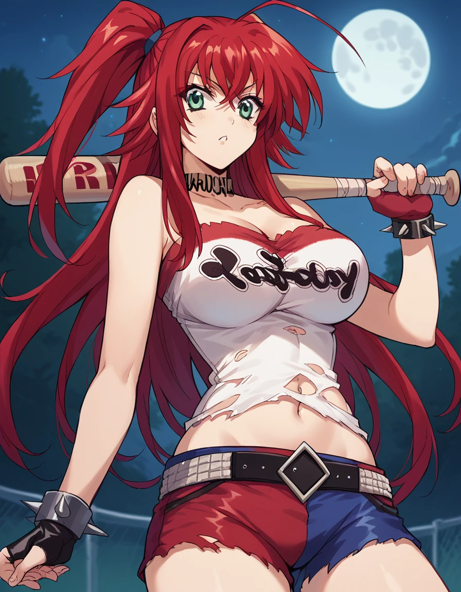 score_9, score_8_up, score_7_up, source_anime, <lora:rias-gremory-ponyxl-lora-nochekaiser:1>, rias gremory, huge ahoge, long hair, hair between eyes, green eyes, red hair, large breasts, <lora:harley-quinn-cosplay-ponyxl-lora-nochekaiser:1>, harley quinn cosplay, harley quinn (cosplay), bare shoulders, choker, collarbone, cosplay, fingerless gloves, heart, heart tattoo, jewelry, multicolored clothes, multicolored shorts, navel, shorts, spiked bracelet, spikes, stomach, strapless, torn clothes, tube top, two-tone shorts, outdoors, night, moon, baseball bat, holding, holding baseball bat,, cowboy shot, looking at viewer