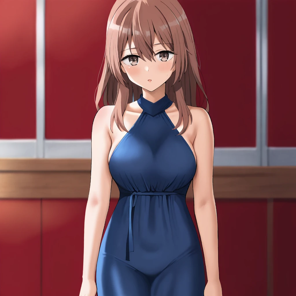 <lora:Shinju_pony_v1:0.81>  ShinjuDarling, 1girl, brown hair, long hair, brown eyes,  bangs,hair between eyes, cowboy shot,  <lora:0932 Home wear 9_v1_pony:1> ruanyi0932,blue dress,halter dress,sleeveless,cowboy shot,taut dress,skin tight,long dress