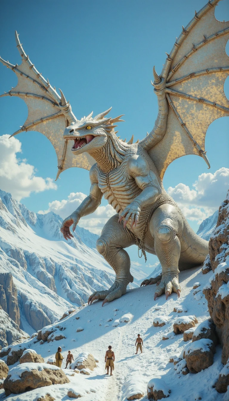 detailed city, An argent behemoth, wings splayed in a magnificent display of reptilian grandeur, descends upon a company of diminutive figures dwarfed by its prodigious size. Capture this tableau with a low camera angle, emphasizing the creature's indomitable presence against a cerulean sky crisscrossed with wispy cirrus clouds. The icy peaks of an alpine massif, rendered in a palette of frosty whites and glacial blues, provide a breathtaking backdrop. Ensure the lighting conveys the harsh, unforgiving beauty of this frozen wasteland.