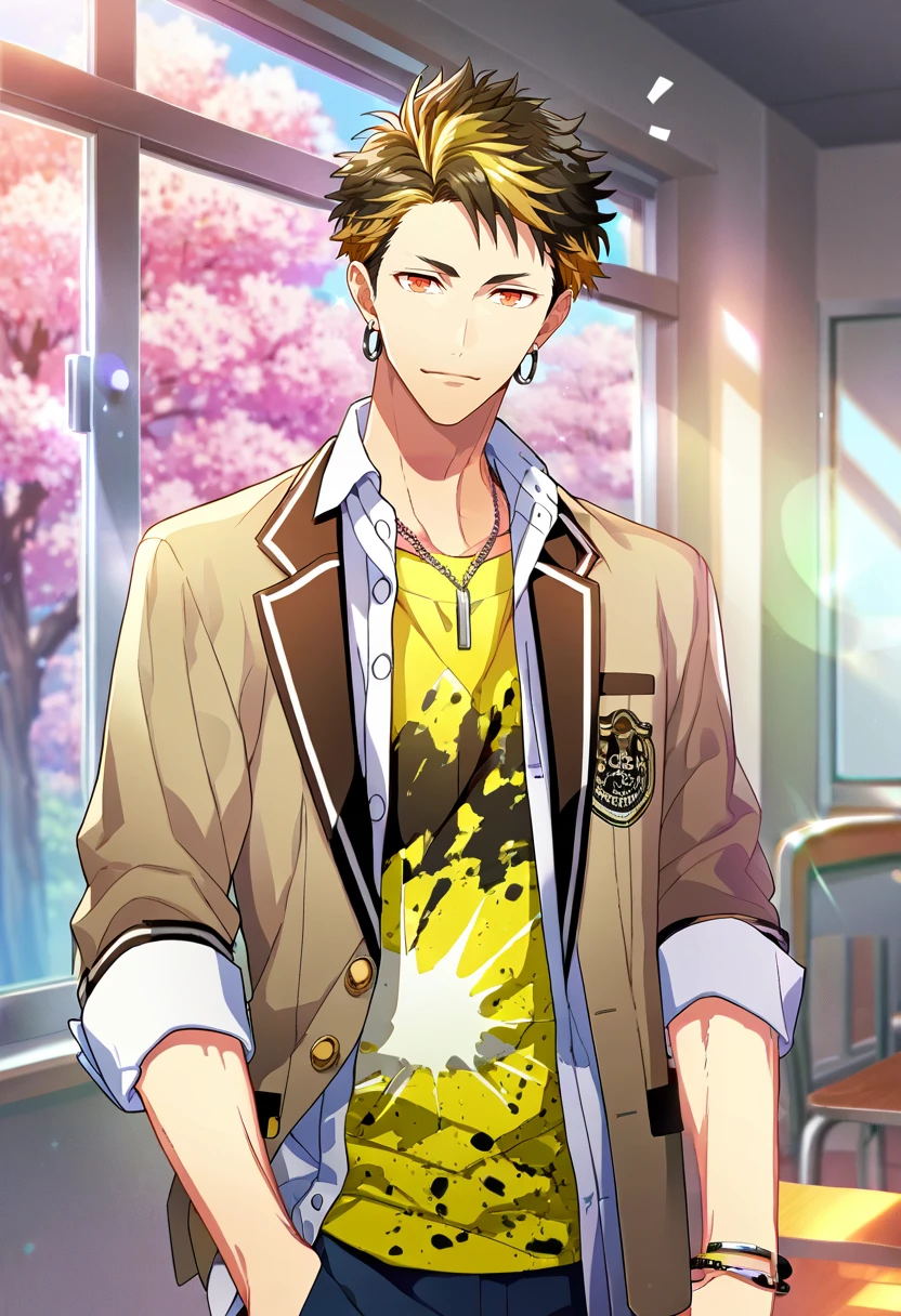 1boy, male focus, solo focus,
<lora:Character - Wind Boys - Reito Tsuji:1> reitotsuji, black hair, multicolored hair, red eyes, bracelet, necklace, earrings,
((zPDXL)), score_9_up, score_8_up, score_7_up, score_6_up, score_5_up, score_4_up, best quality, amazing quality, best aesthetic, absurdres, year2023, uncensored, nsfw, official art, official style, depth of field, detailed eye,
indoors, window, cowboy shot, classroom, standing, notice lines, noticing viewer, cherry blossoms,
school uniform, yellow shirt, necklace, bracelet, blazer,