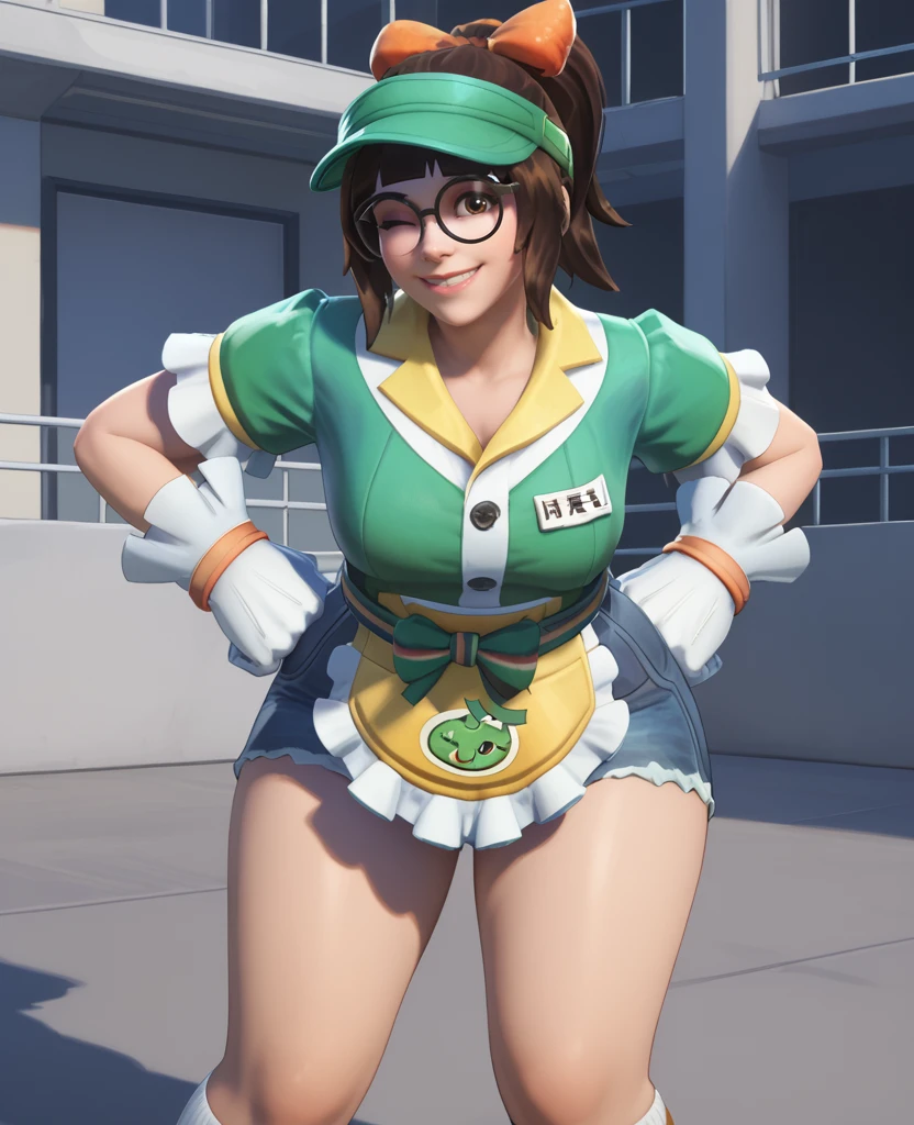 score_9, score_8_up, score_7_up, score_6_up, score_5_up, score_4_up, realistic, <lora:HoneyDew_Mei-000005:0.8>, hdmei1, 1girl, solo, short hair, ponytail, white gloves, hat, visor cap, glasses, green shirt, name tag,  bow, brown eyes, short sleeves, sidelocks, frills, socks, shoes,  denim shorts, short shorts, apron, curvy, BREAK portrait, leaning forward, smile, one eye closed, arm behind back,