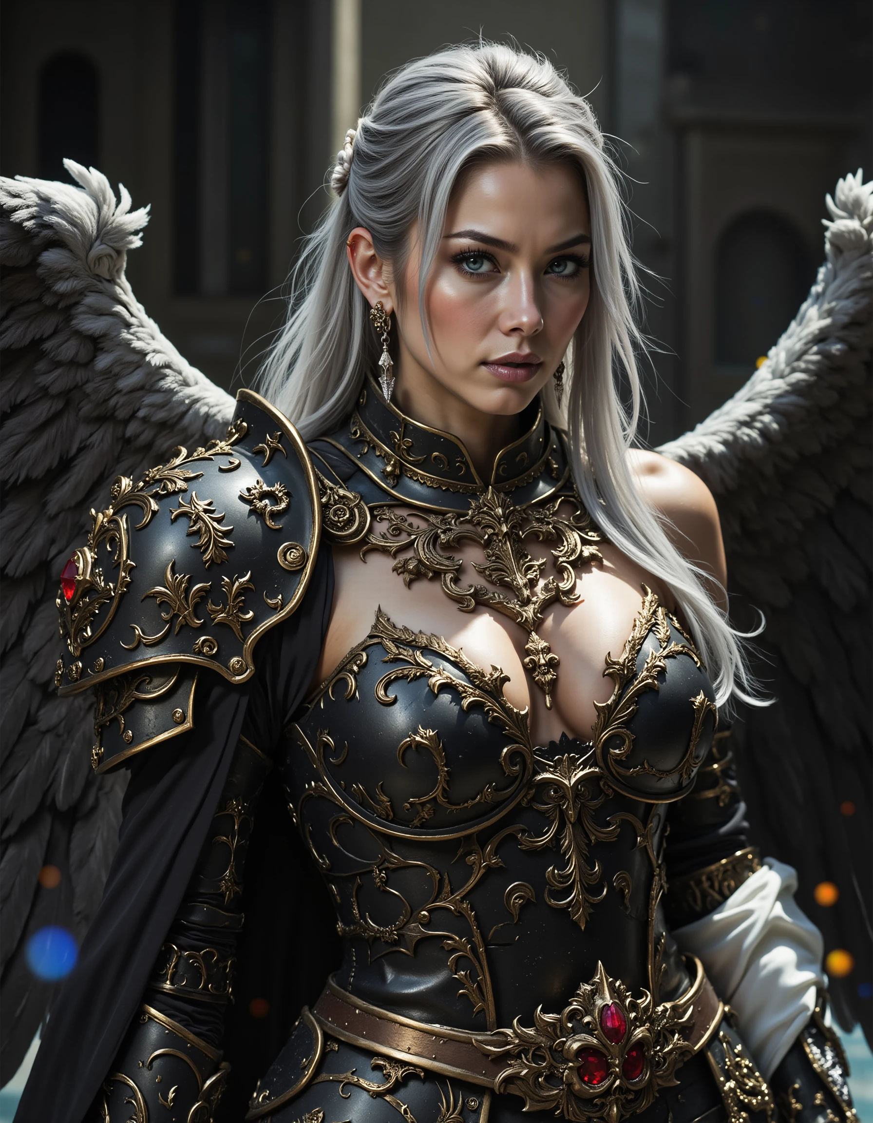 A majestic Asian girl stands solo in front of a hot spring, showcasing her curves and blue eyes. Her silver hair cascades down her back as she wears a magnificent costume adorned with intricate tattoos on her breasts. The frame features vertical wings, highlighted by spot lighting that accentuates the details of her sparkly armor and gemstone jewelry. A dark seamless background creates a dramatic contrast, while holy armor shines with rim light and high-key illumination, reflecting a sense of luxury and magnificence.
<lora:hinaFluxFantasyArmorMix-dev_v1-rev1:0.6>
<lora:hinaFluxAsianMixLora_v3-rev1:0.9>