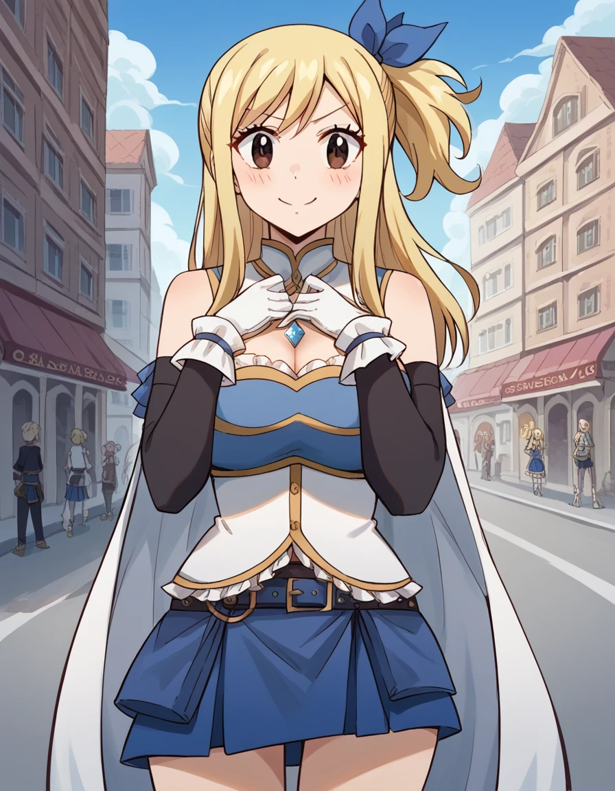 score_9, score_8_up, score_7_up, source_anime, lucyheartfilia, <lora:lucy-heartfilia-s7-ponyxl-lora-nochekaiser:1>, lucy heartfilia, blonde hair, brown eyes, long hair, one side up, ribbon, hair ribbon, blue ribbon, large breasts,, <lora:miki-sayaka-cosplay-ponyxl-lora-nochekaiser:1>, miki sayaka cosplay, miki sayaka (cosplay), belt, black sleeves, blue skirt, cape, cosplay, dress, gloves, gem, skirt, sleeveless, sleeveless dress, white cape, white gloves,, streets, outdoors, smile, blush, hands on own chest, cowboy shot, looking at viewer,