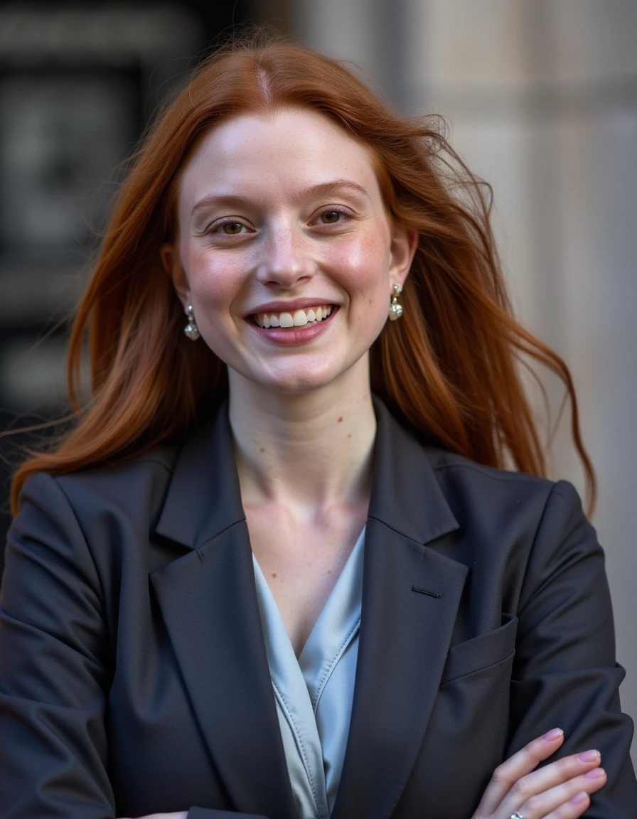 <lora:y43lk_08F1D-000013:1>,(medium shot:0.8) photograph of (beautiful 24 year old) (y43lk:1.2) woman with dark ginger hair,as the British Prime Minister,wearing a (dark suit with light blue blouse:1.2),standing in front of Number 10 Downing Street in London,(arms crossed with confident smile),heirloom jewelry, face focus,(bokeh),facing viewer,