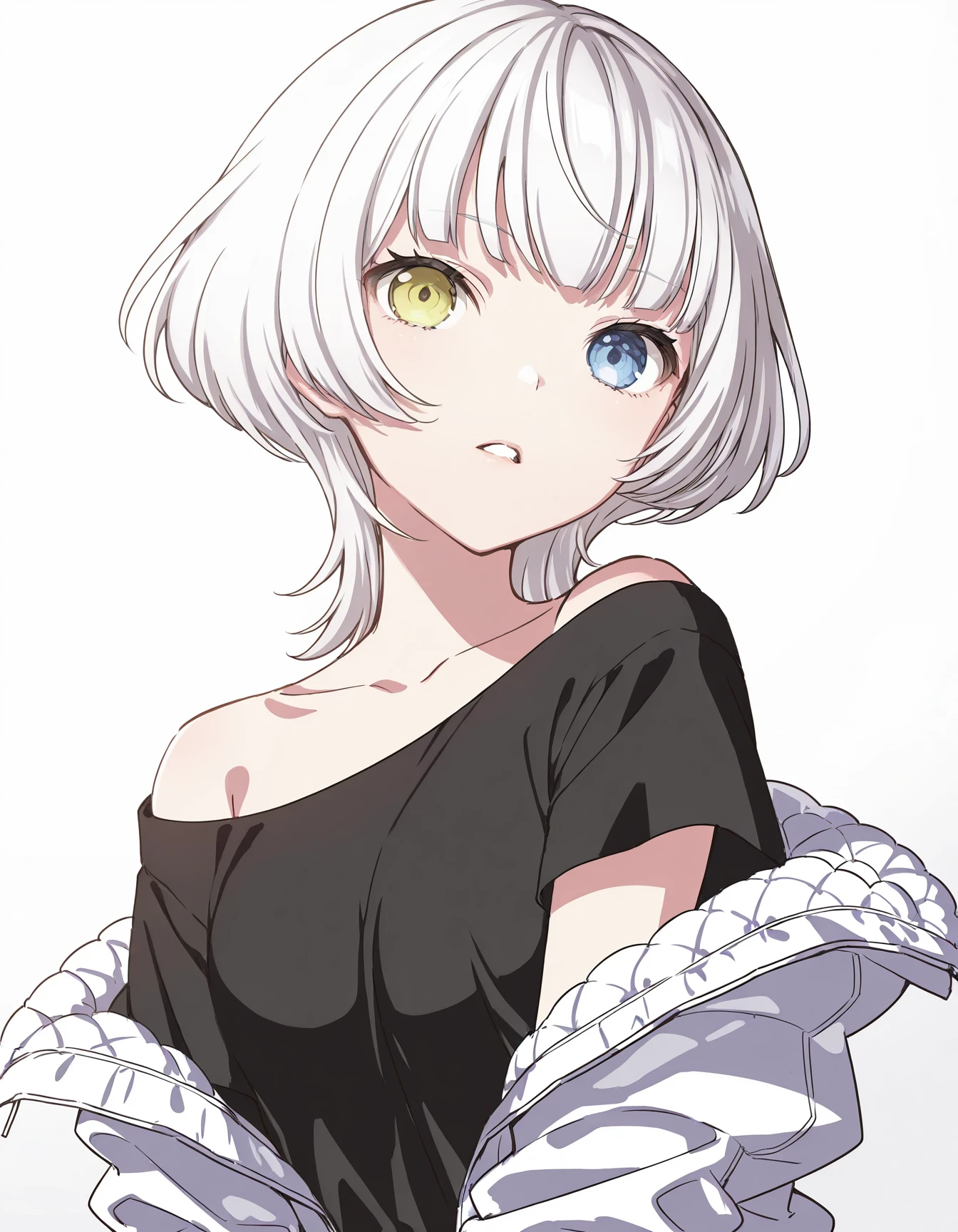 1girl, solo, short hair, heterochromia, looking at viewer, parted lips, detached sleeves, bare shoulders, upper body, sleeves past wrists, black shirt, white hair, off shoulder, <lora:kaname_raana_IlluXL:1>,  <lora:yoneyamaiXL_illu_lokr:0.8>, kaname raana,, best quality, masterpiece,highres, very aesthetic,absurdres,