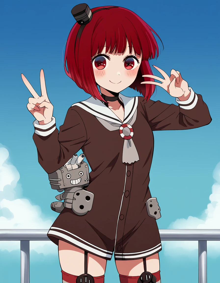 score_9, score_8_up, score_7_up, source_anime, kanaarima, <lora:kana-arima-s1-ponyxl-lora-nochekaiser:1>, kana arima, short hair, bangs, red eyes, red hair, bob cut,, <lora:kancolle-amatsukaze-cosplay-ponyxl-lora-nochekaiser:1>, kancolle amatsukaze cosplay, amatsukaze (kancolle) (cosplay), lifebouy ornament, sailor dress, smokestack hair ornament, grey neckerchief, lifebouy, cosplay, garter straps, brown dress, striped thighhighs, mini hat, red thighhighs, short dress,, ocean, smile, blush, blue sky, v, cowboy shot, looking at viewer,