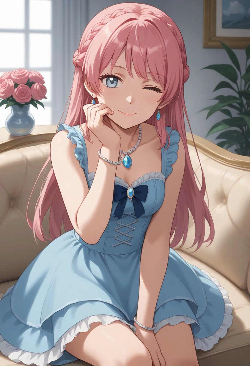 (masterpiece), best quality, expressive eyes, perfect face, anonc, pink hair, long hair, grey eyes, one eye closed, jewelry, flower, dress, smile, braid, sitting, pink flower, looking at viewer, couch, gem, bracelet, bow, blue dress, pearl (gemstone), ribbon, earrings, blue eyes, pink rose, frills, bangs, closed mouth, rose, vase, head rest, blue bow, necklace, bare shoulders, hand on own cheek, indoors