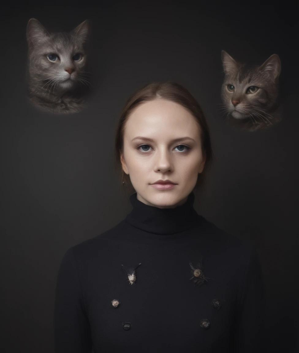 a professional absurdres sharp focus intricately detailed close-up portrait photograph of the beautiful Barbara_Meier,
She's wearing a turtleneck and quasi-futuristic clothes and dancing in the lobby of a haunted (space station:1.3) with a mischievous aspect, holding a cat, 
The background is dark and epic but with slivers of whimsy throughout,
 <lora:Barbara_Meier-PDXL:1> <lora:AwkwardCatPhoto:1> meme, x holding y, (photo inset of z), double exposure, laser background or space background || family photo <lora:Eerie_Aesthetic:1> eerie_art, horror, creepy, spooky, occult, dystopian, apocalyptic, nightmarish, creature