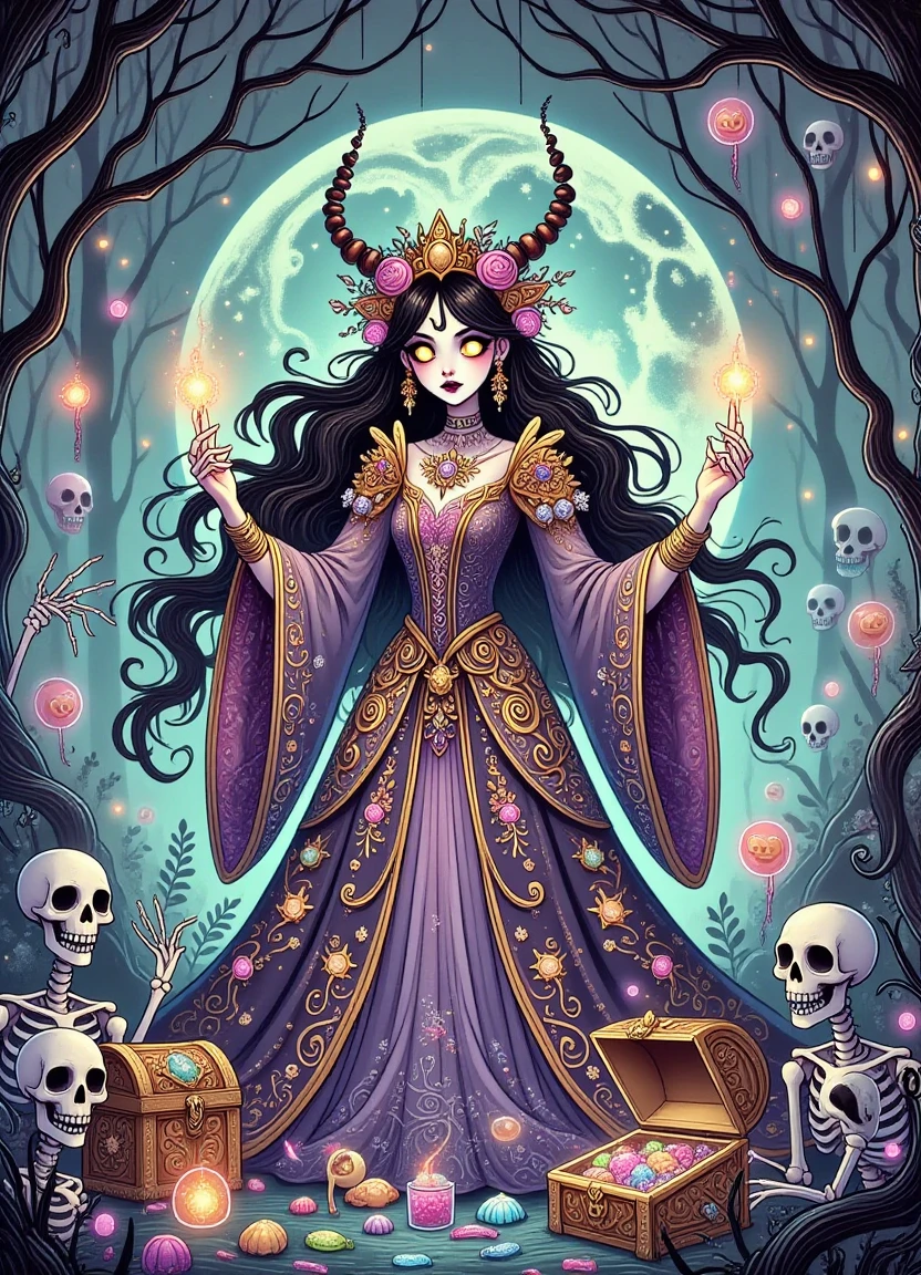 A mystical DonMPr1nc3551000FX princess stands in a whispering day of the dead witch eerie swamp surrounded by wormy jello cups and skeletons, her eyes glowing with an eerie light as she collects candy from a treasure trove while the witch's cackle echoes through the air.