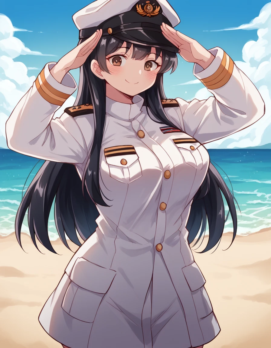 score_9, score_8_up, score_7_up, source_anime, <lora:anna-yamada-s2-ponyxl-lora-nochekaiser:1>, anna yamada, long hair, bangs, black hair, brown eyes, large breasts, <lora:kancolle-admiral-cosplay-ponyxl-lora-nochekaiser:1>, kancolle admiral cosplay, admiral (kancolle) (cosplay), naval uniform, cosplay, military uniform, military, peaked cap,, beach, salute, blush, smile, cowboy shot, looking at viewer,