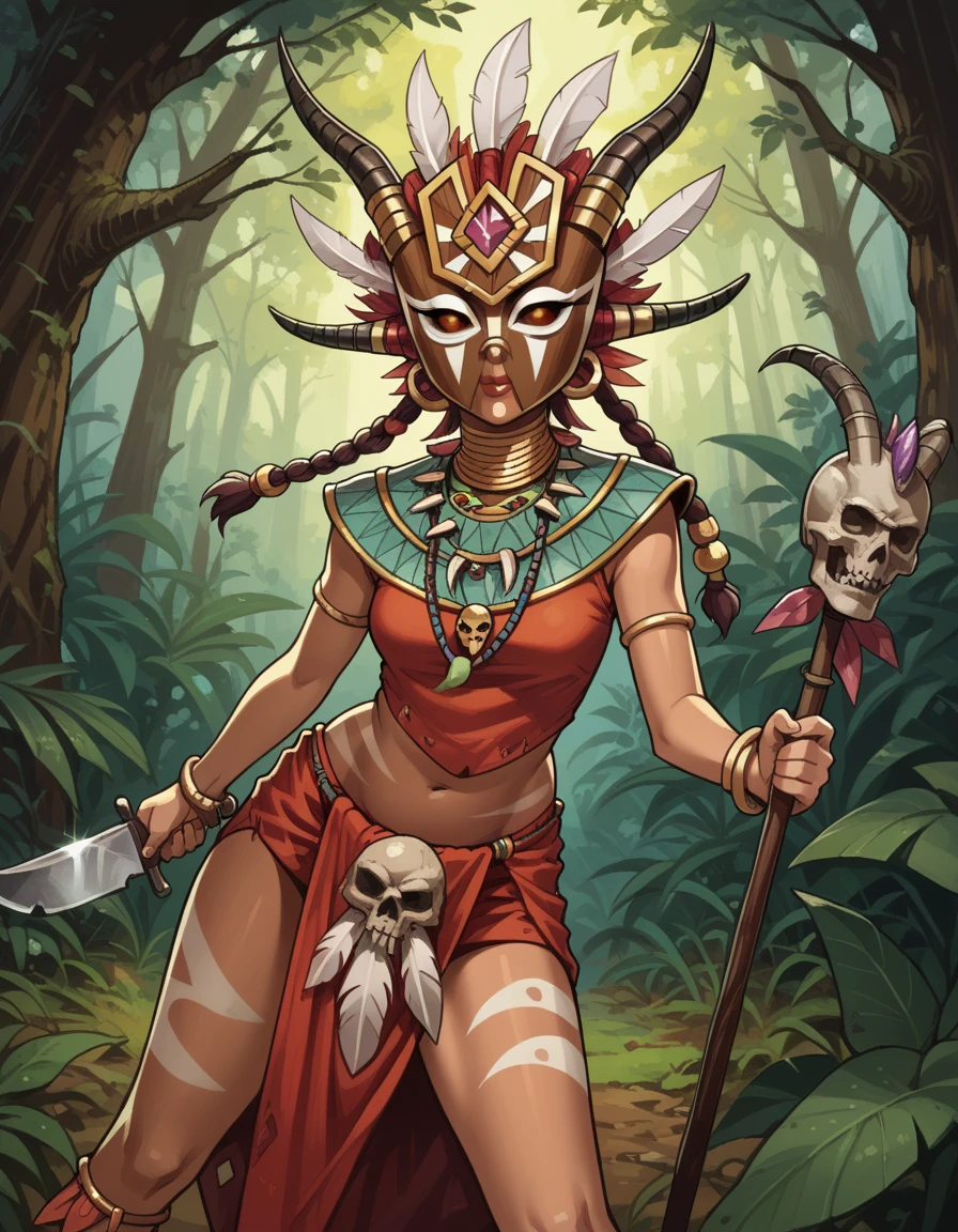 score_9, score_8_up, score_7_up, score_6_up, score_5_up, score_4_up, Turning her head slightly, eyes gazing through lowered lashes, she radiates a smoldering intensity, hud_d3witchdoctor, 1girl, shirt, skirt, jewelry, necklace, mask, tribal, staff, knife <lora:diablo_withdoctor-000008:0.8>