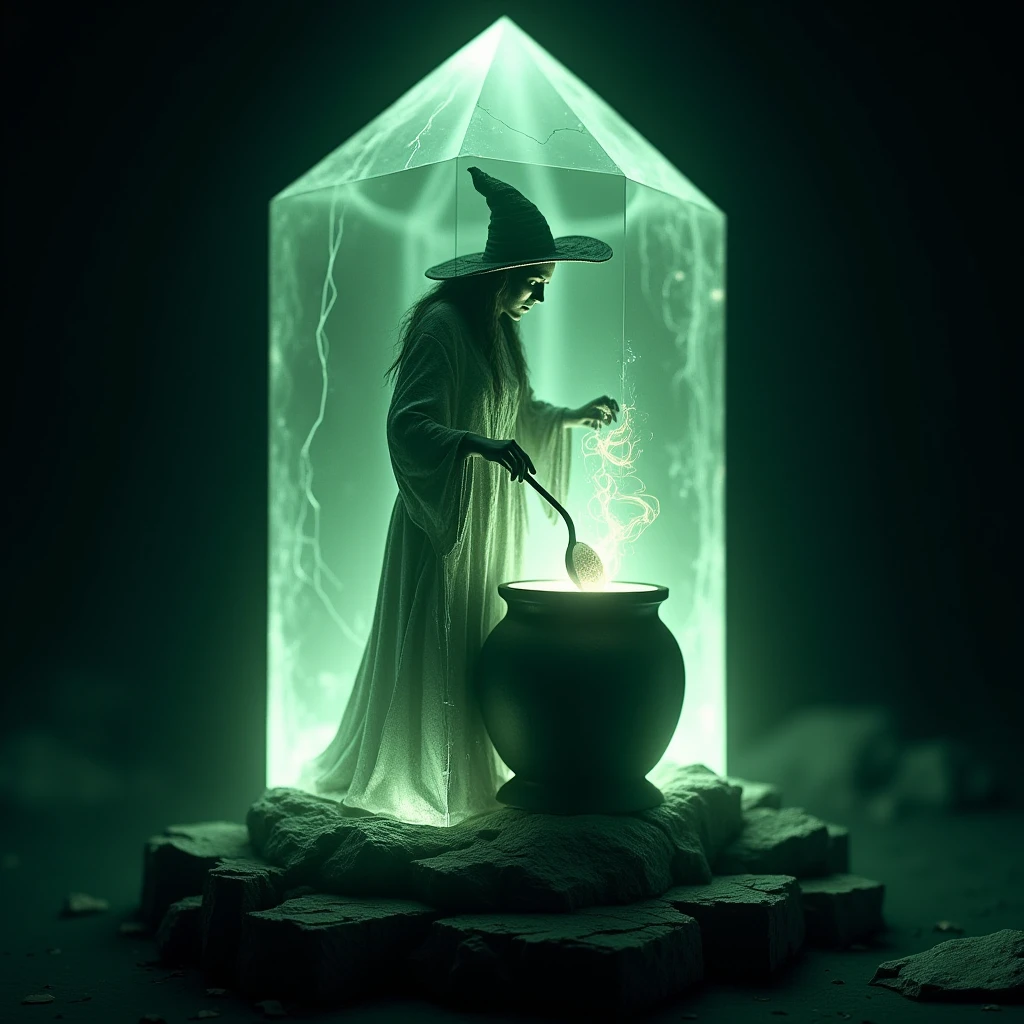 cinematic film still professional 3d model <lora:Frozen_Luminary_Laura_Flux:0.8>""A large, glowing crystal standing upright with a witch fully encased inside, frozen in mid-motion while stirring her cauldron. The crystal glows with a soft green light that reflects the magic emanating from the witch's cauldron. Inside, the witch is dressed in flowing, tattered robes and a wide-brimmed hat. She is mid-action, holding a large spoon over the cauldron, which emits swirling magical energy. Her expression is focused, her long fingers frozen in time as she works. The crystal is clear, showing the intricate details of her clothing, the bubbling cauldron, and the mystical energy surrounding her. Cracks and glowing veins run through the crystal, adding to the sense of power, as if the witch is part of the magical structure. The scene is dark and mysterious, with soft light illuminating the stone base beneath the crystal." . octane render, highly detailed, volumetric, dramatic lighting . shallow depth of field, vignette, highly detailed, high budget, bokeh, cinemascope, moody, epic, gorgeous, film grain, grainy