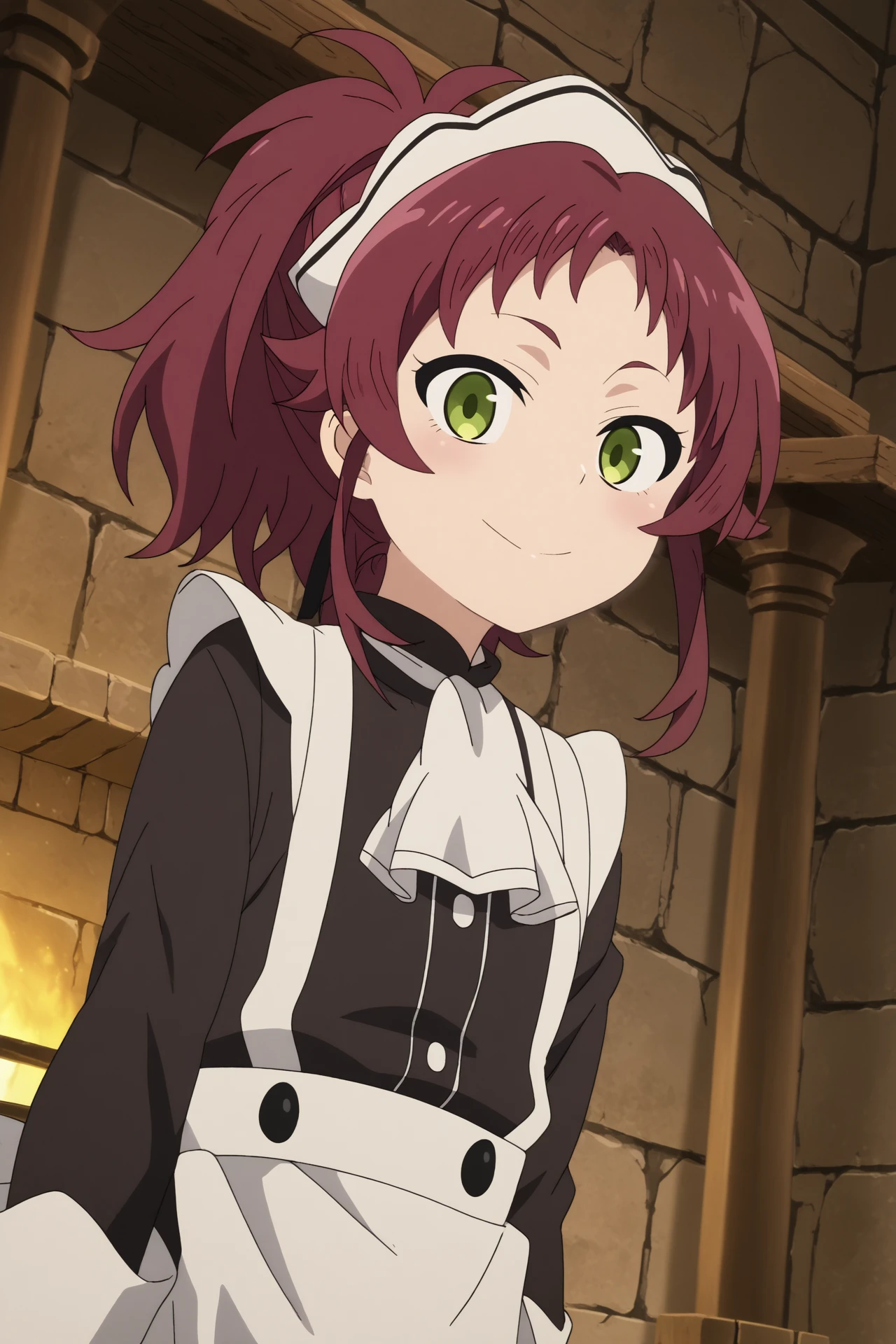 aisha greyrat,1girl,solo,looking_at_viewer,apron,maid,long sleeves,ascot,ponytail,maid headdress,smile
BREAK
indoors,old house,chandelier,dusty windows, stone fireplace, peeling wallpaper, vintage furniture,dutch angle




<lora:Aisha_Greyrat_-_Mushokou_Tensei.safetensors:0.8>