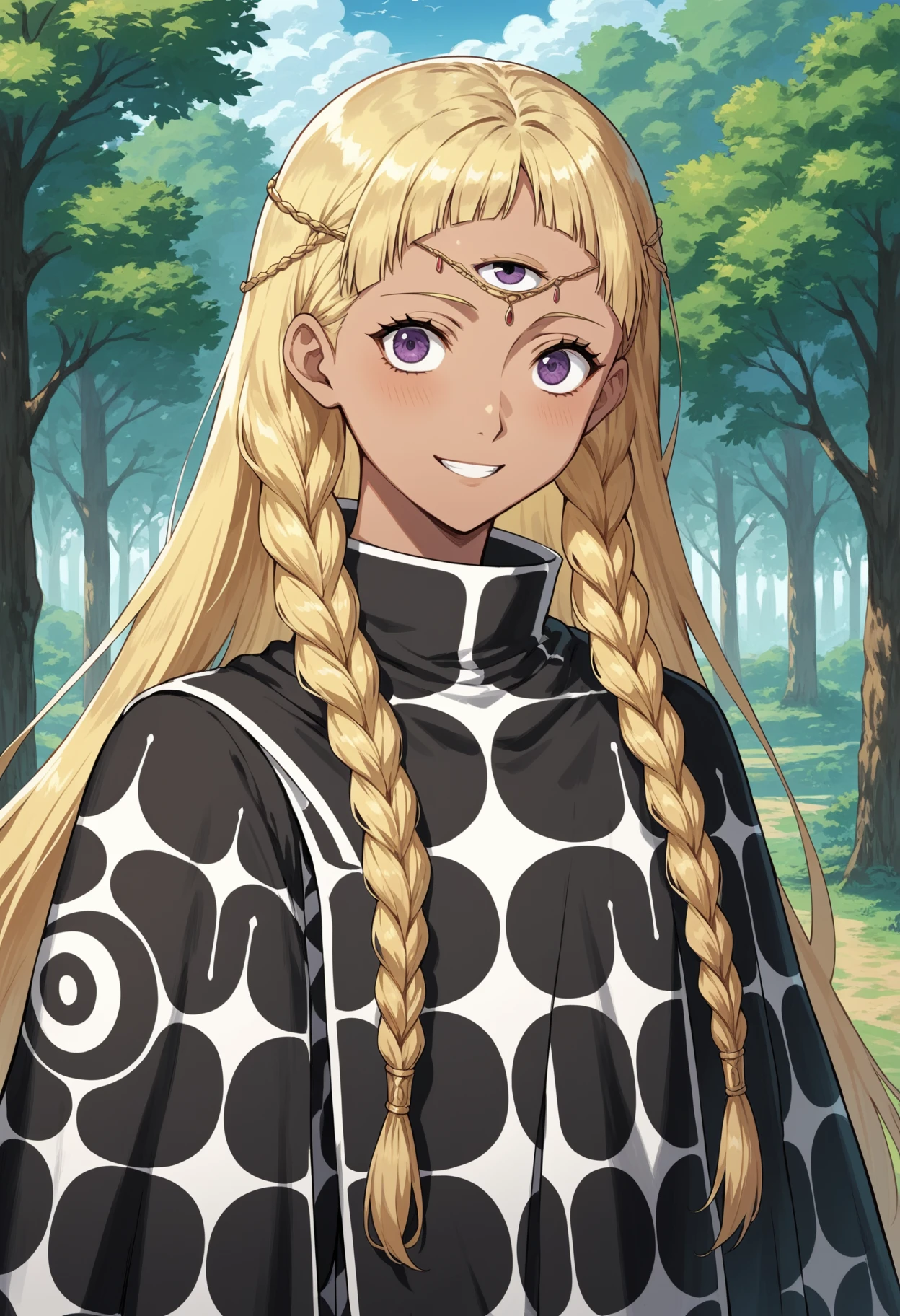 score_9, score_8_up, score_7_up, score_6_up, score_5_up, score_4_up, BREAK source_anime, masterpiece,
<lora:Eupha:1>, 1girl, solo, third eye, head chain, long hair, blonde hair, braids, light purple eyes, tan skin,
long tunic, black and white tunic, circle pattern tunic, portrait, smile,
outdoors, forest,