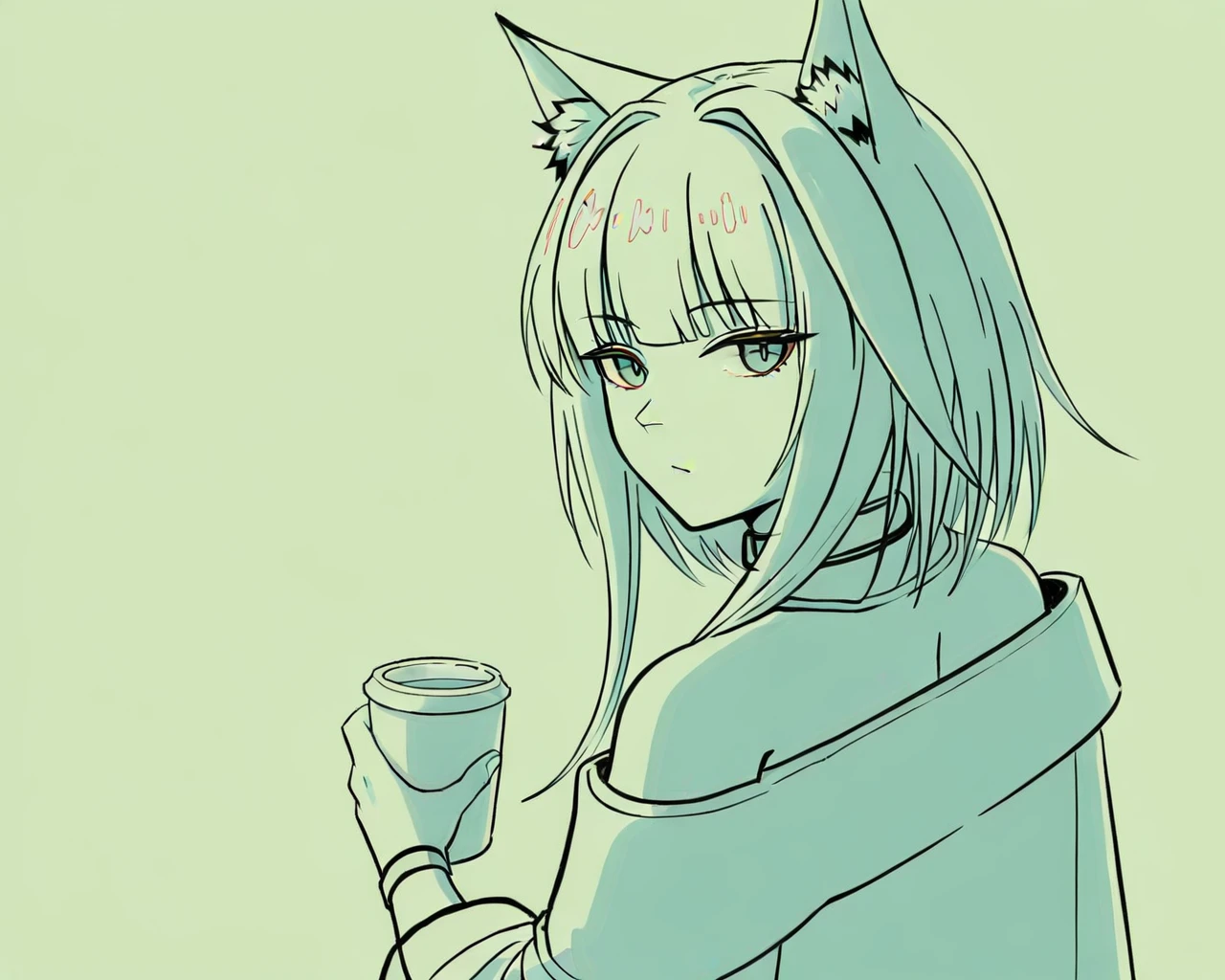 <lora:originalanime_shadow_illustrious_v1_uo-000140:0.8> oamhfs, simple background,monochrome, green theme,
1girl, kal'tsit \(arknights\), arknights,
holding cup, looking back, looking at viewer,, masterpiece