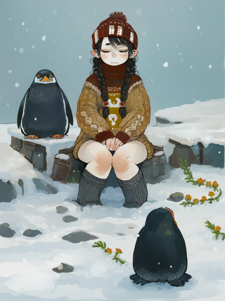 girl and penguin, sweater, art, snow, braids, freckles
score_8_up  <lora:texture 1-000022:1>