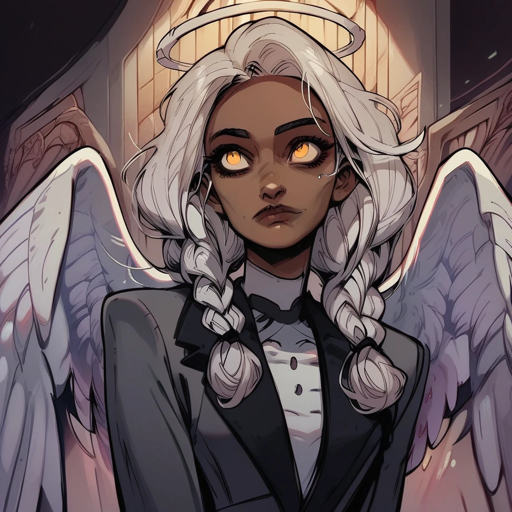 score_9, score_8_up, score_7_up, <lora:Angelgoober1:1> Angelgoober1, Angel, angel girl, dark skin, dark skinned female, white hair, twin braids, angel wings, feathered wings, suit, grey suit, yellow eyes,