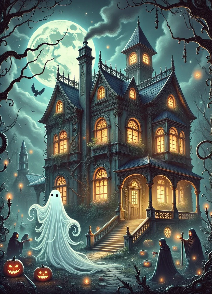 A dark and foreboding abandoned mansion with a haunting presence, surrounded by twisted metal and steam-powered machinery, standing amidst a moonlit graveyard filled with rickety tombstones, where a lone, ghostly phantom figure in a tattered opera cloak stands at the entrance, their eyes fixed on a candlelit pumpkin patch below, as a group of sinister scavengers, armed with lanterns and an air of malevolence, approach from the distance, DonMPr1nc3551000FX's style of gothic elegance and steampunk flair is evident in every detail.