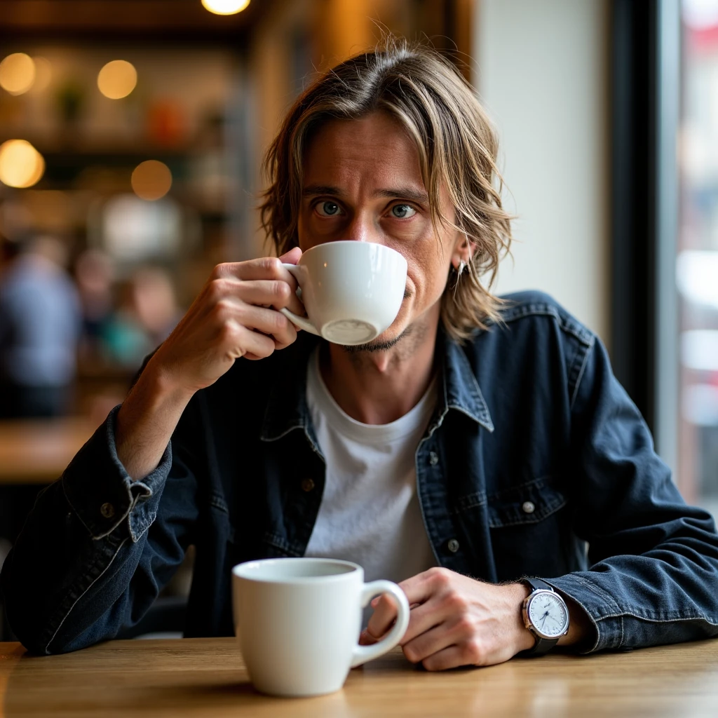 imagine an image of Mackenzie Crook drinking coffee at a cafe