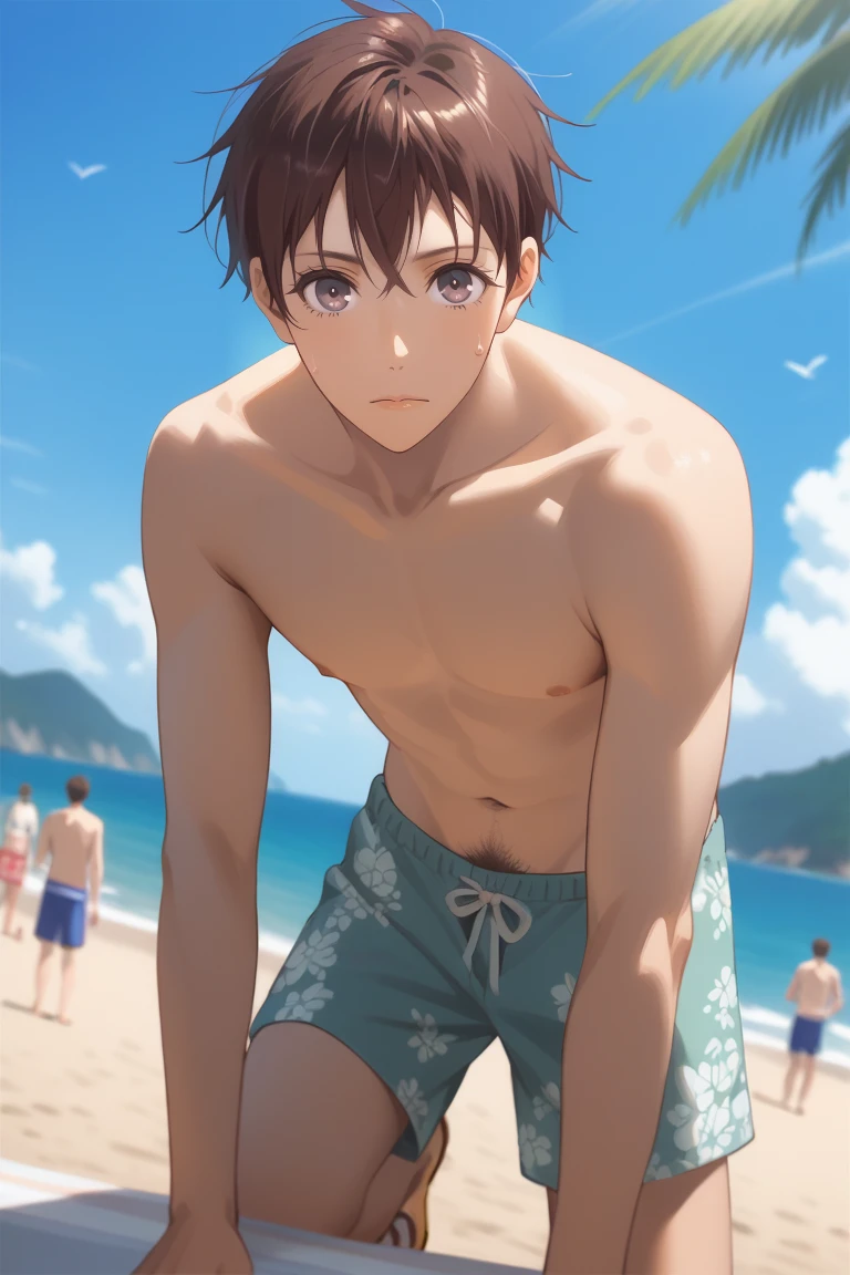 (masterpiece), ((sfw)), best quality, expressive eyes, perfect face, mature male, (1boy, adult Man), young adult, young man, solo, Green hair BREAK ahoge, blue eyes BREAK topless male, male swimwear, :/, looking at viewer, grass, landscape, ocean, palmtree, blue sky, standing, 