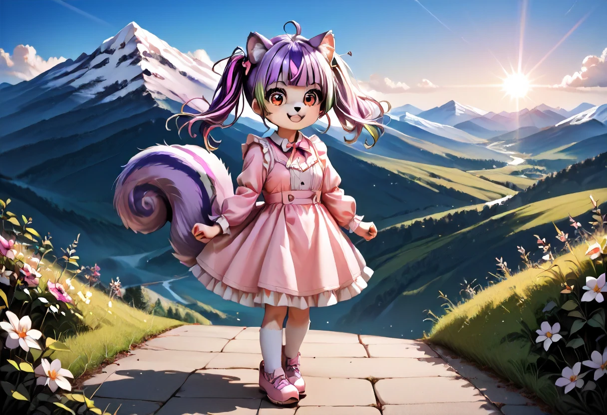 1girl,8K, best quality, best resolution,score_9,score_8_up,score_5_up,score_7_up,score_6_up,best quality,source_anime,Mauveko,pink dress,big eyes,detailed eyes,detailed face,BREAK,outside,mountain background, pastel lighting effect,light beam,full body,
 <lora:my_OC_No.01_Mauvekoã¢ã³:0.8>