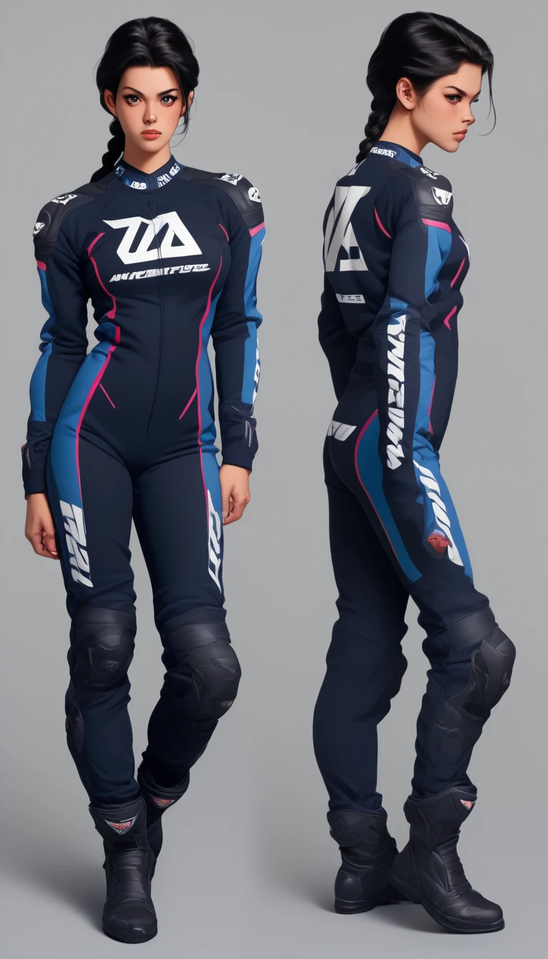 score_9, score_8_up, score_7_up, illustrationl, 1 girl , braid, black hair, female focus,motor bike racing suit, motor bike suit, racing suit,  full body, dynamic poses,  <lora:Motorcycle Racing Suit_epoch_9:0.8>, multiple views,  <lora:ComicsPonyXL_V2:0.8> Comistyle