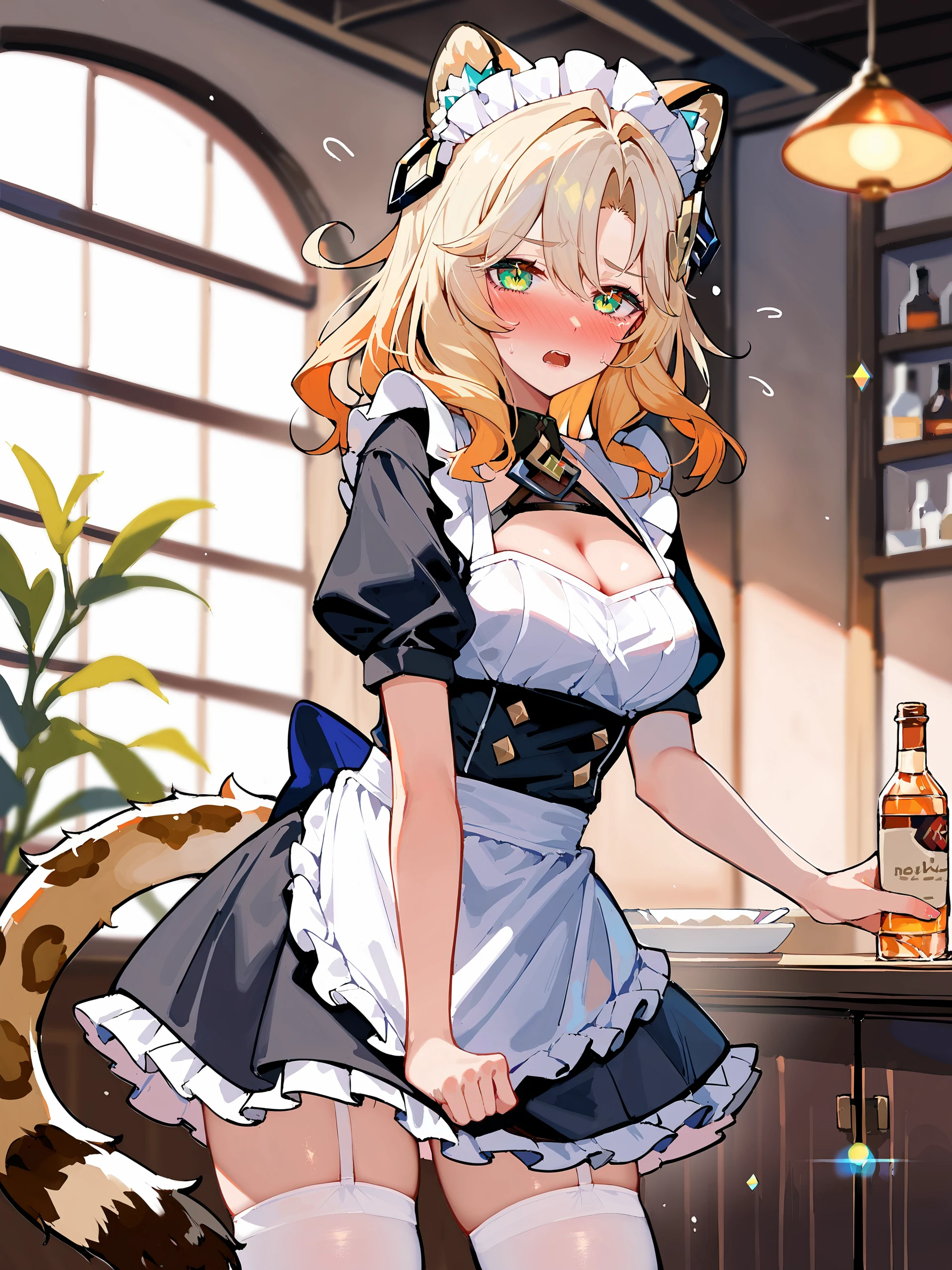 1girl, xilonen \(genshin impact\), solo, maid, maid headdress, maid apron, embarrassed, white thighhighs, open mouth, blush, parted lips, looking at viewer, cowboy shot, bar \(place\), indoors, depth of field, tail <lora:Char-Genshin-Xilonen-V1-Pony:0.9>, score_9, score_8_up, score_7_up, source_anime