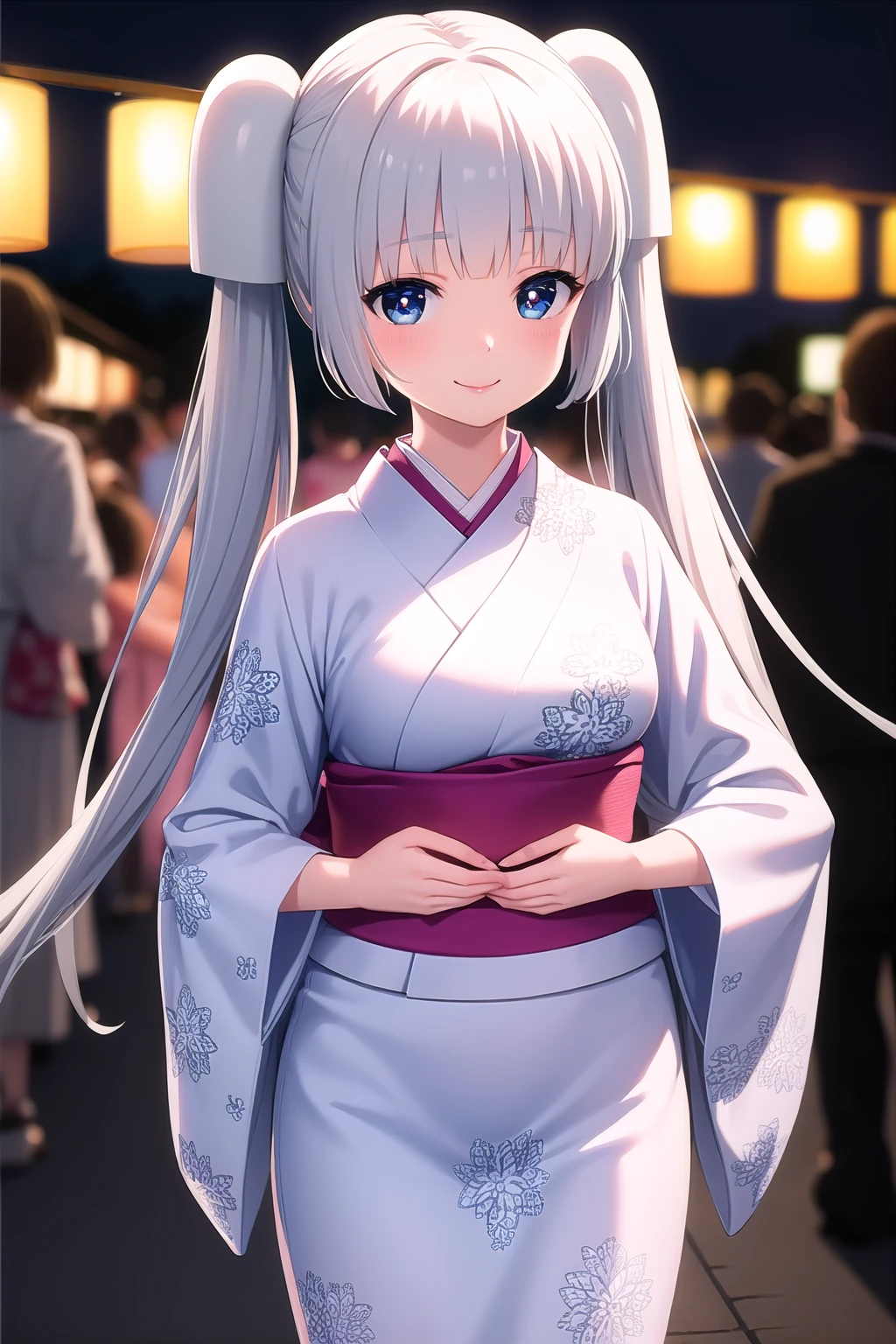 (masterpiece, best quality), highly detailed background, perfect lightingbest quality, missmonochrome, solo, outdoors, night, summer festival, white hair, twintails, white hairpods, blunt bangs, sidelocks, very long hair, blue eyes, star-shaped pupils, medium breasts, white kimono, print kimono, wide sleeves, japanese clothes, smile, closed mouth, :), pink lips, <lora:Miss-Monochrome:0.7>