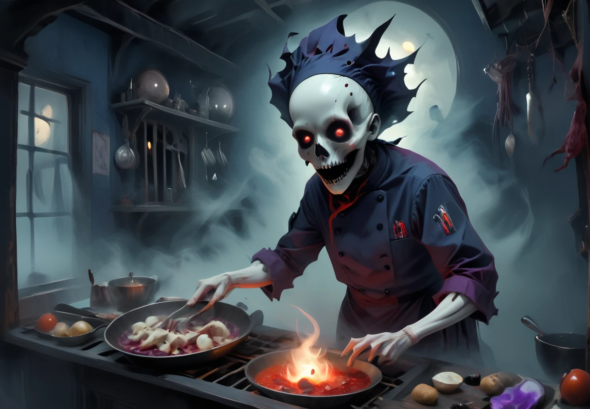 ((Killer Chef)) in the (Ghost Ship), created in the style of Sexy using Collage, and a palette of Eerie Night: Midnight Blue, Blood Red, Pale Grey, Shadow Black, Violet Mist,  <lora:artfullyHW24:1>,