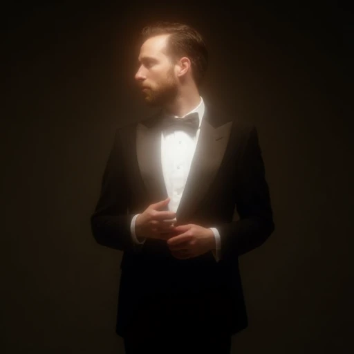 a studio photo of a man wearing a tuxedo, high contrast, glow effect, desaturated colors