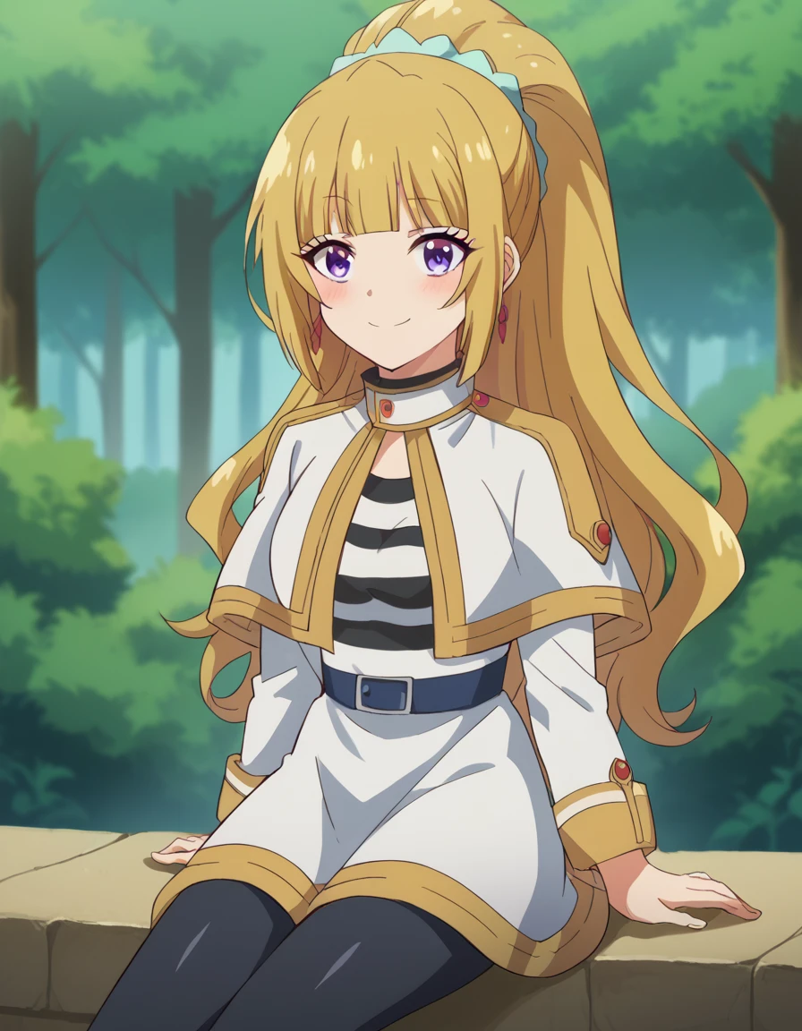 score_9, score_8_up, score_7_up, source_anime, keikaruizawa, <lora:kei-karuizawa-anime-s2-ponyxl-lora-nochekaiser:1>, kei karuizawa, long hair, bangs, blunt bangs, purple eyes, blonde hair, hair ornament, ponytail, scrunchie, blue scrunchie, medium breasts,, <lora:frieren-cosplay-ponyxl-lora-nochekaiser:1>, frieren cosplay, frieren (cosplay), shirt, long sleeves, jewelry, pantyhose, earrings, striped, black pantyhose, capelet, striped shirt, skirt, white skirt,, forest, sitting, smile, blush, cowboy shot, looking at viewer