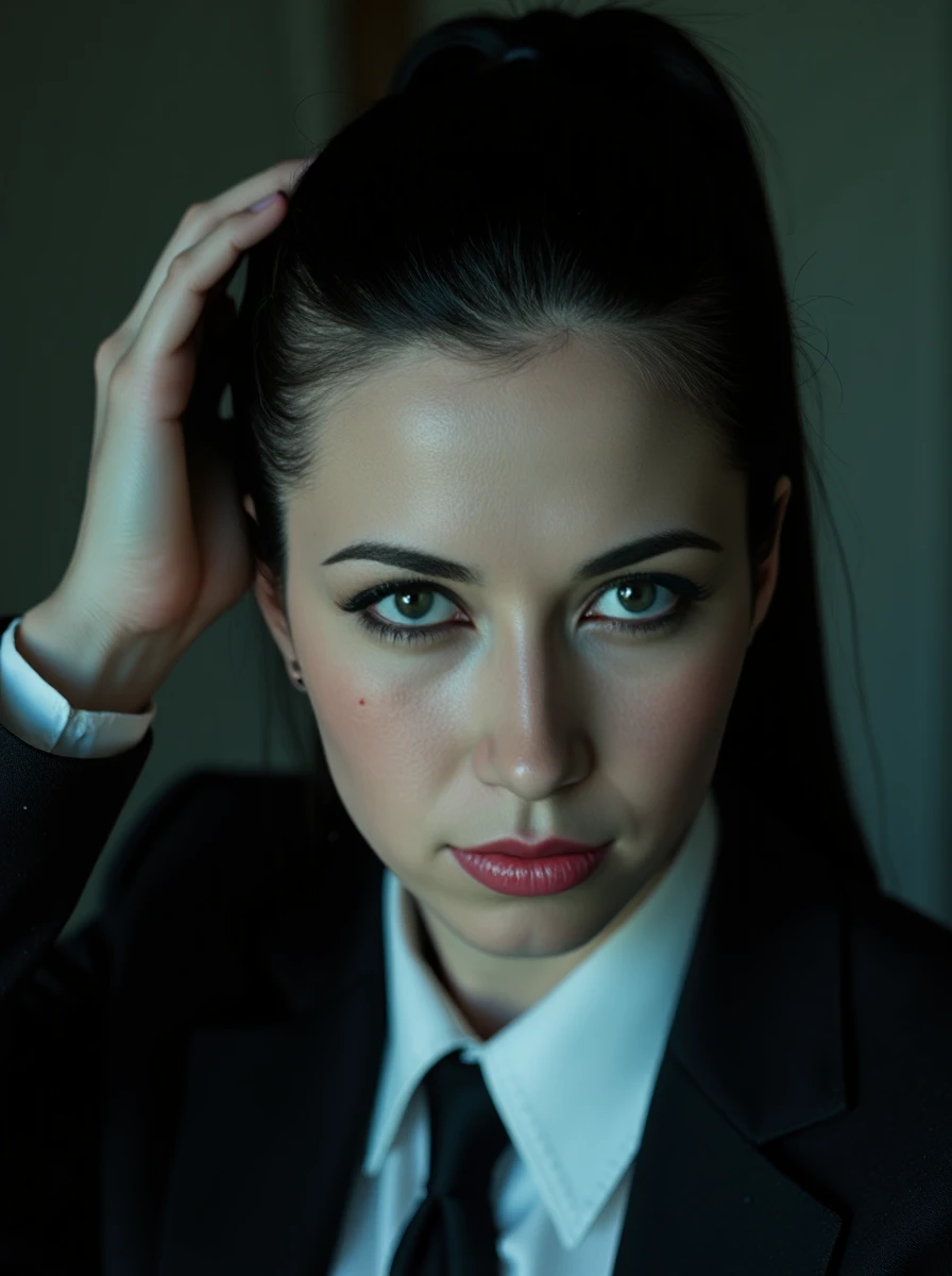 upper body photo of a dressed woman scratching her head, with sleek ponytail hair, her pale skin has a high detailed texture and shows details like moles, small hairs and pores, her expression is cold as ice, she is wearing a dream-invading agent's sharp suit, always impeccably tailored, as they navigate the labyrinth of the subconscious. Set inside, with a cold colors lighting. <lora:alexclora-000012:1>