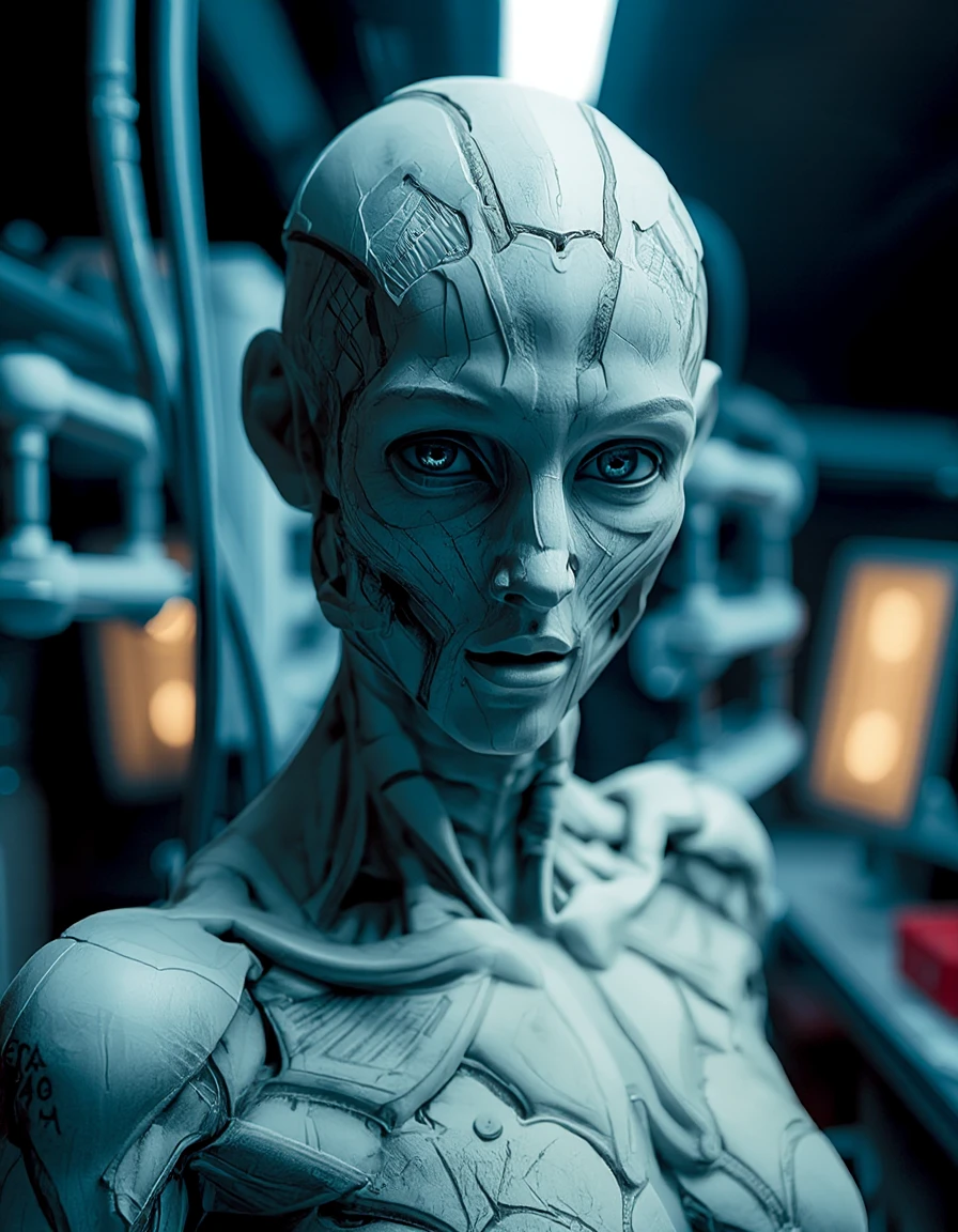 best quality, highty detailed, cinematic photorealistic, dark mood by night, a full-body of a white ceramic skinned woman  JAHOUTON <lora:houton:1.7> with ultra-detailed blue eyes  in a high realistic luminous technological laboratory, intricate details, accentued lighting contrast, cinematic lighting, 32KHD,