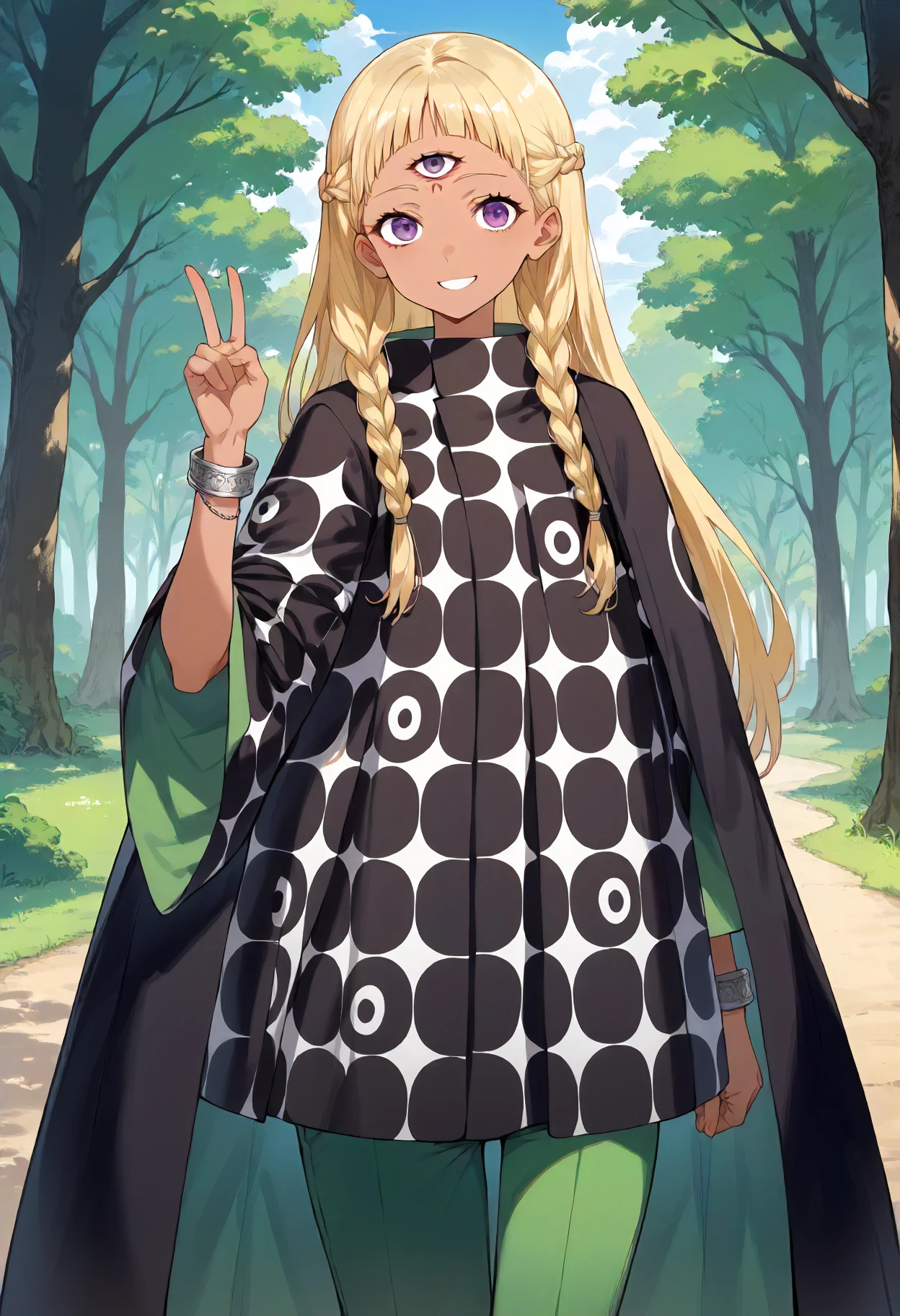 score_9, score_8_up, score_7_up, score_6_up, score_5_up, score_4_up, BREAK source_anime, masterpiece,
<lora:Eupha:1>, 1girl, solo, third eye, diadem, long hair, blonde hair, braids, light purple eyes, tan skin,
long tunic, black and white tunic, circle pattern tunic, open tunic, circle pattern, white undershirt, metal bracelet, green pants,
standing, looking at viewer, smile,  peace sign,
outdoors, forest,