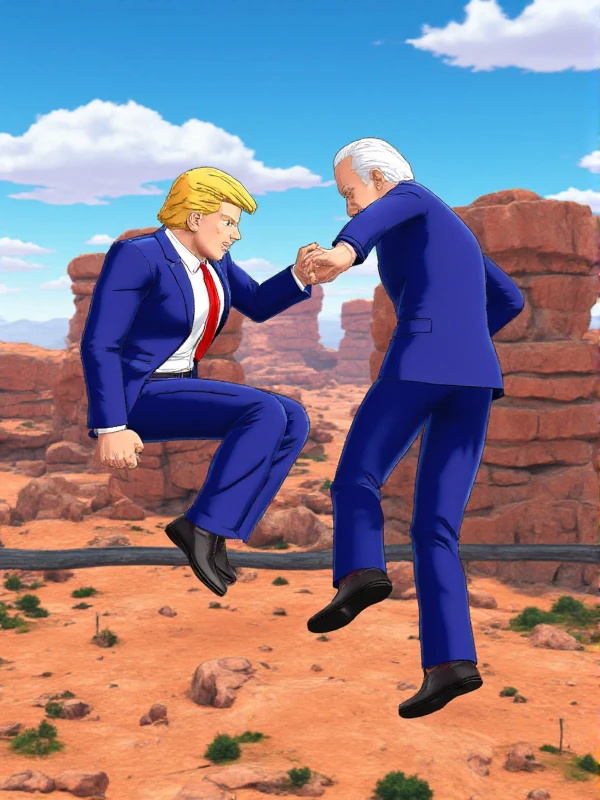 dblegendsstyle, in a battle arena, featuring two characters in mid-air combat. On the left, Donald trump and is opponent is joe Biden. facing each other, Both are wearing blue suit, trump is wearing a red necktie, Biden is wearing a blue necktie. Biden is thin and has short white hair, trump is wide and has blonde hair. <lora:DbLegendsGameStyle_Flux_Leaf1:1.2>