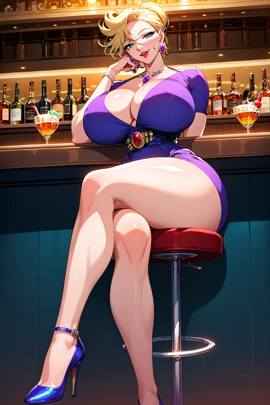 score_9,score_8_up,score_7_up,from below,
1girl,mature female,milf,sitting,sitting on bar stool,crossed legs,full body,inside,city,looking at viewer,head rest,evil smile,seductive smile,expected eyes,from front,huge breasts,narrow waist,wide hips,
Best quality,masterpiece,soft light,official art,masterpiece,high quality,highres,absurdres,epic scene,natural textures,highest quality,8K,Ultra-HD,ultra detail,epic scene,natural textures,<lora:Sonia (Immorality) Pony:1>,sonia (immorality),blonde hair,hair bun,side part,half shaved hairstyle,makeup,lipstick,mature female,huge breasts,earrings,jewelry,