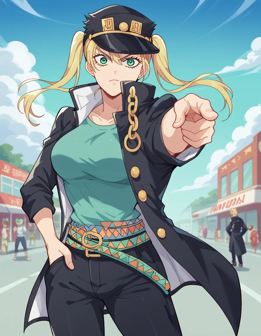 score_9, score_8_up, score_7_up, source_anime, <lora:rika-hoshizaki-s2-ponyxl-lora-nochekaiser:1>, rika hoshizaki, green eyes, blonde hair, twintails, large breasts,, <lora:kujo-jotaro-cosplay-ponyxl-lora-nochekaiser:1>, kujo jotaro cosplay, kujo jotaro (cosplay), gakuran, cosplay, belt, black headwear, black jacket, black pants, high collar, multiple belts, pants, shirt,, street, jojo pose, pointing, hand in pocket, cowboy shot, looking at viewer,