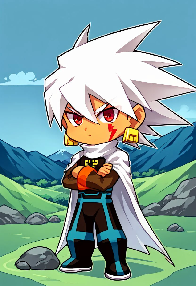 source anime,highly detailed,score 9,score 8 up,score 7 up,solo,1boy,male focus,solo (mega man),white hair, spiked hair, hair between eyes, facial mark, red eyes, dark skin, bodysuit, crest, earrings, long sleves, orange sleeve cuffs,full body,(mountains,rocks,boulder), (chibi), looking at viewer <lora:SoloMMSF:0.8> standing, crossed arms, <lora:PiccoloPonyV2_1:0.8> ((white cape, big shoulder pads))