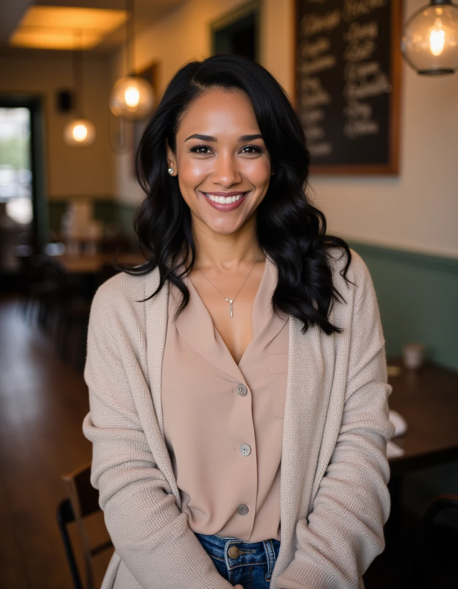 <lora:Iris_West_Flux:1> This is an image of a women, wearing a cardigan, blouse, black hair cascading over her shoulders, standing in a cafe, smiling