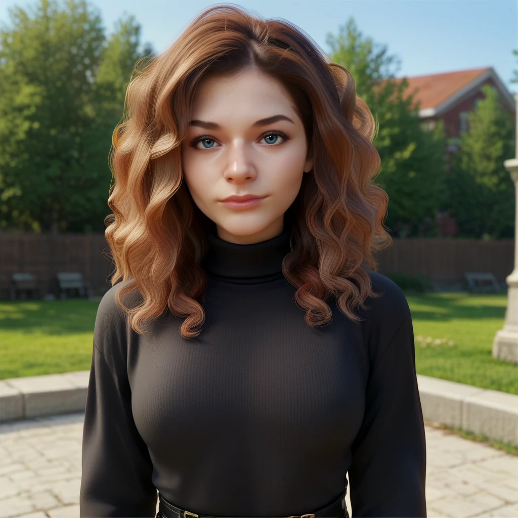 rating_safe, zPDXL3, score_9, score_8_up, score_7_up, score_6_up, score_5_up, score_4_up, highres, incredibly absurdres, highly detailed, outdoors, closed mouth, 1girl, solo,  <lora:Serena_Abweh:0.6> serabwenah, long hair, wavy hair, brown hair, blue eyes, black turtleneck sweater, 3d, shiny skin