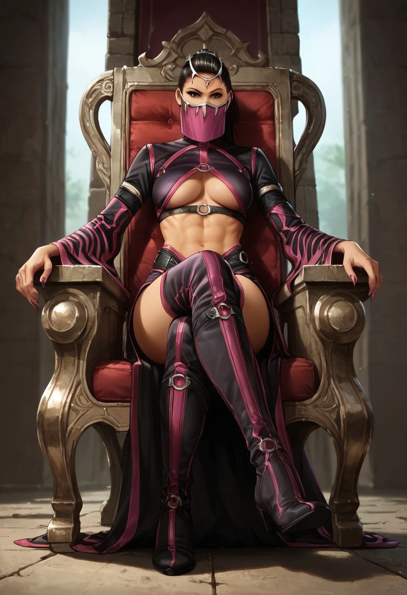 score_9, score_8_up, score_7_up, source_realistic, BREAK 1girl, mkdmileena, black hair, ponytail, tiara, veil, makeup, black crop top, wide sleeves, underboob, belt, midriff, shorts, sash, thighhigh boots, sitting, crossed legs, Throne,