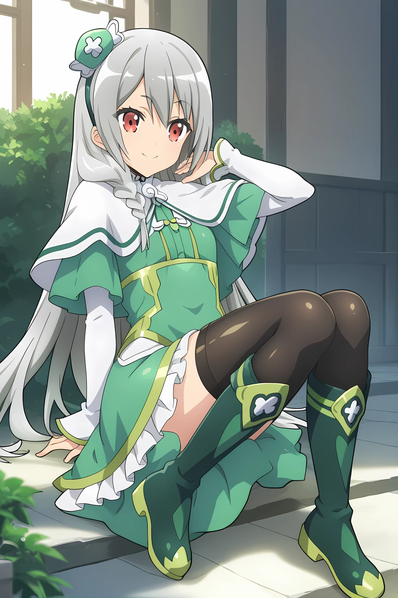 (green dress white capelet green headdress black thighhighs green boots:1.40), ig-maidena, grey hair, red eyes, 1girl, solo, skinny, score_9, score_8_up, score_8, score_7_up, score_7, score_6_up, score_6, score_5_up, score_5, source_anime, (happy:1.10), , (full body:1.20), (:1.20), feet, <lora:ig-maidena-V01-000003:0.90> small breasts, long hair, single braid