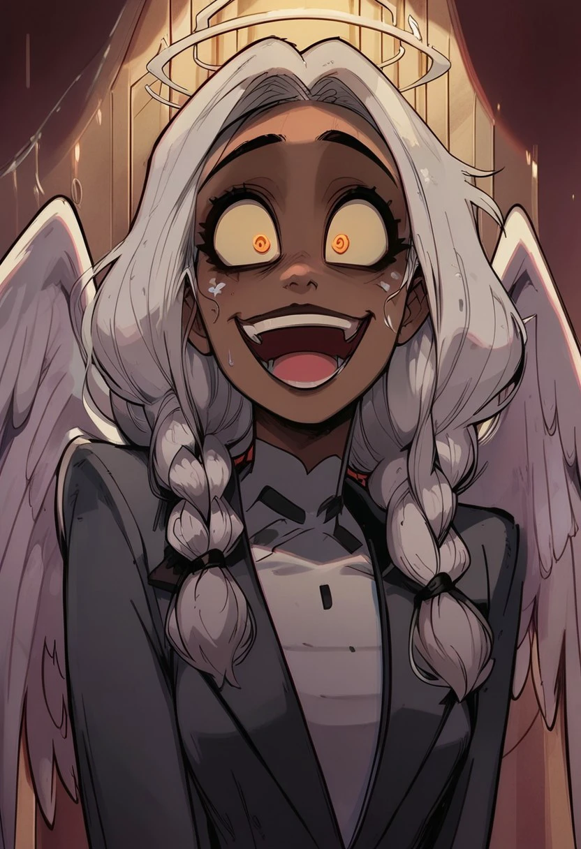 score_9, score_8_up, score_7_up, BREAK, 1woman portrait, beautiful, dramatic lights ((Angel, angel girl, dark skin, dark skinned female, white hair, twin braids, angel wings, feathered wings, suit, grey suit, happy, smile, closed mouth, yellow eyes, enel face,open mouth,sweat,teeth,wide-eyed,constricted pupils))