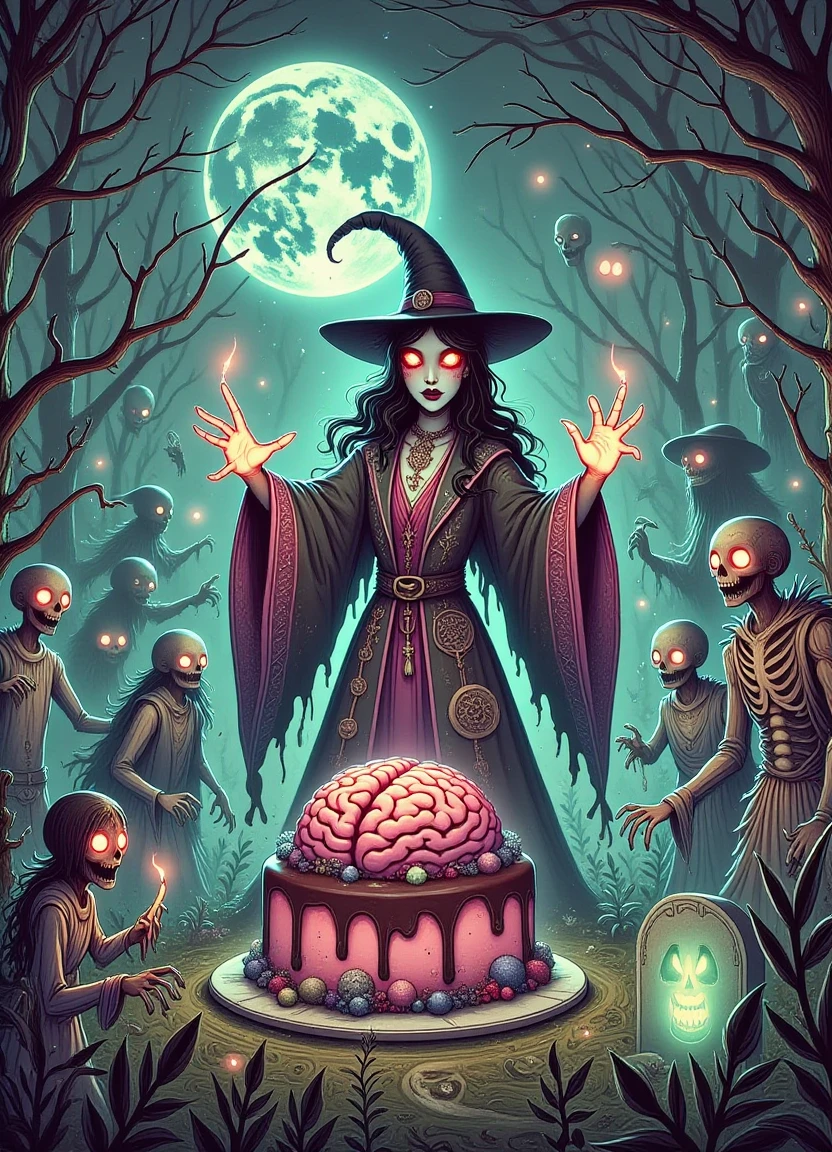 A mystical and eerie scene: A DonMPr1nc3551000FX with a bewitched surreal gothic vampire amidst a witches' lair surrounded by zombies, a giant brain-shaped cake in the center, lit by a faint spotlight emanating from within, while scarecrows stand guard at the entrance of a corn maze that stretches towards a haunted haunting smile on a tombstone.