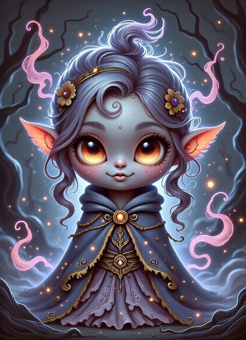 Female DonMPr1nc3551000FX changeling with tiny fairy elf-like creature features, a 's innocence, otherworldly ethereal glow, and distinctive captivating eyes. She has facial features that convey an otherworldly charm, transformation into elf-like pointed ears, and wears enchanted ethereal clothing.