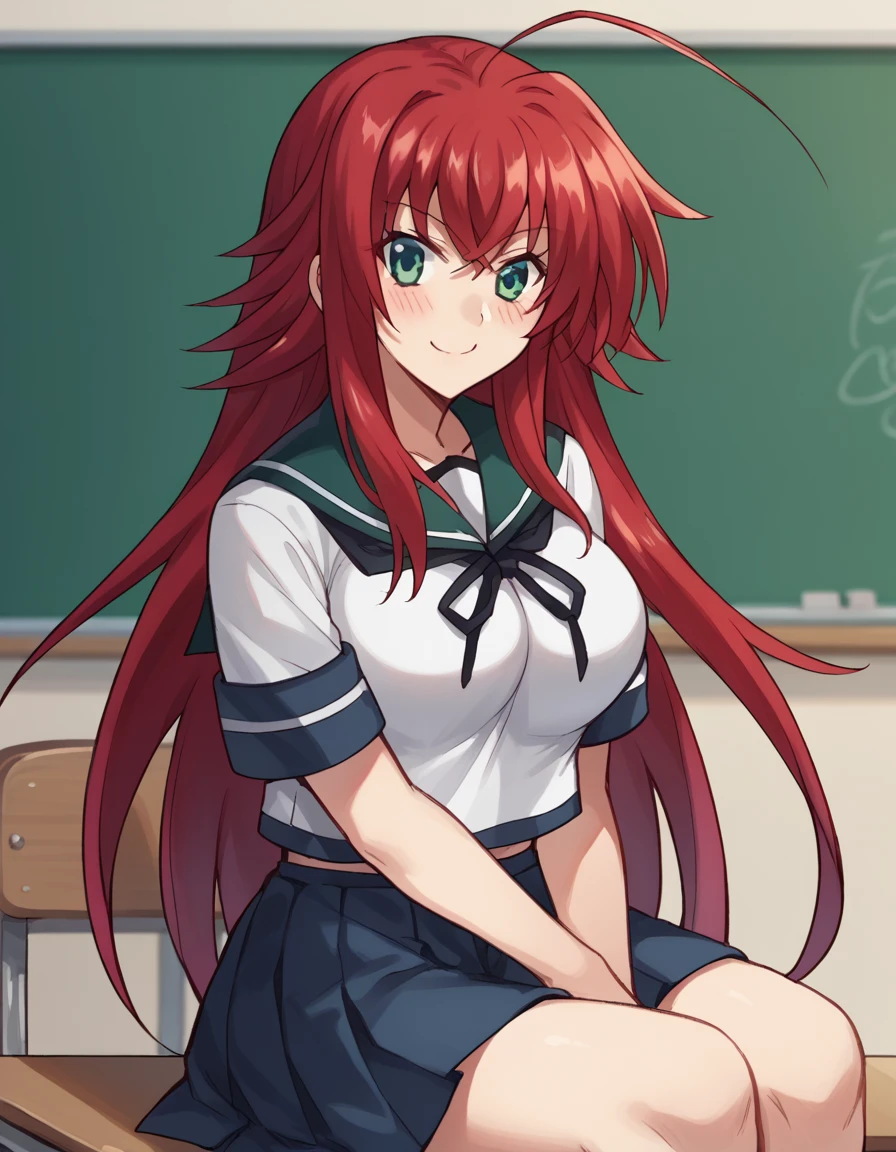 score_9, score_8_up, score_7_up, source_anime, <lora:rias-gremory-ponyxl-lora-nochekaiser:1>, rias gremory, huge ahoge, long hair, hair between eyes, green eyes, red hair, large breasts, <lora:kancolle-fubuki-cosplay-ponyxl-lora-nochekaiser:1>, kancolle fubuki cosplay, fubuki (kancolle) (cosplay), blue skirt, cosplay, pleated skirt, sailor collar, school uniform, serafuku, neckerchief, ribbon,, indoors, smile, blush, sitting, classroom,, cowboy shot, looking at viewer,