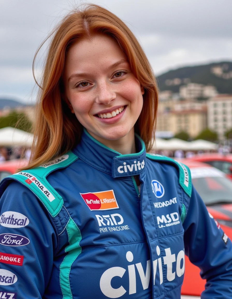 <lora:y43lk_08F1D-000013:1>,(medium shot:0.8) photograph of (beautiful 24 year old) (y43lk:1.2) woman with dark ginger hair,as a Formula 1 race car driver,wearing a (blue) racing firesuit (with text 'civitai':1.4) large across chest, uniform covered in corporate logos, standing next to race car,parked in winners circle in victory lane, she is holding a large trophy,at Grand Prix De Monaco, (confident smile on face),race track in background,face focus,(bokeh),facing viewer,